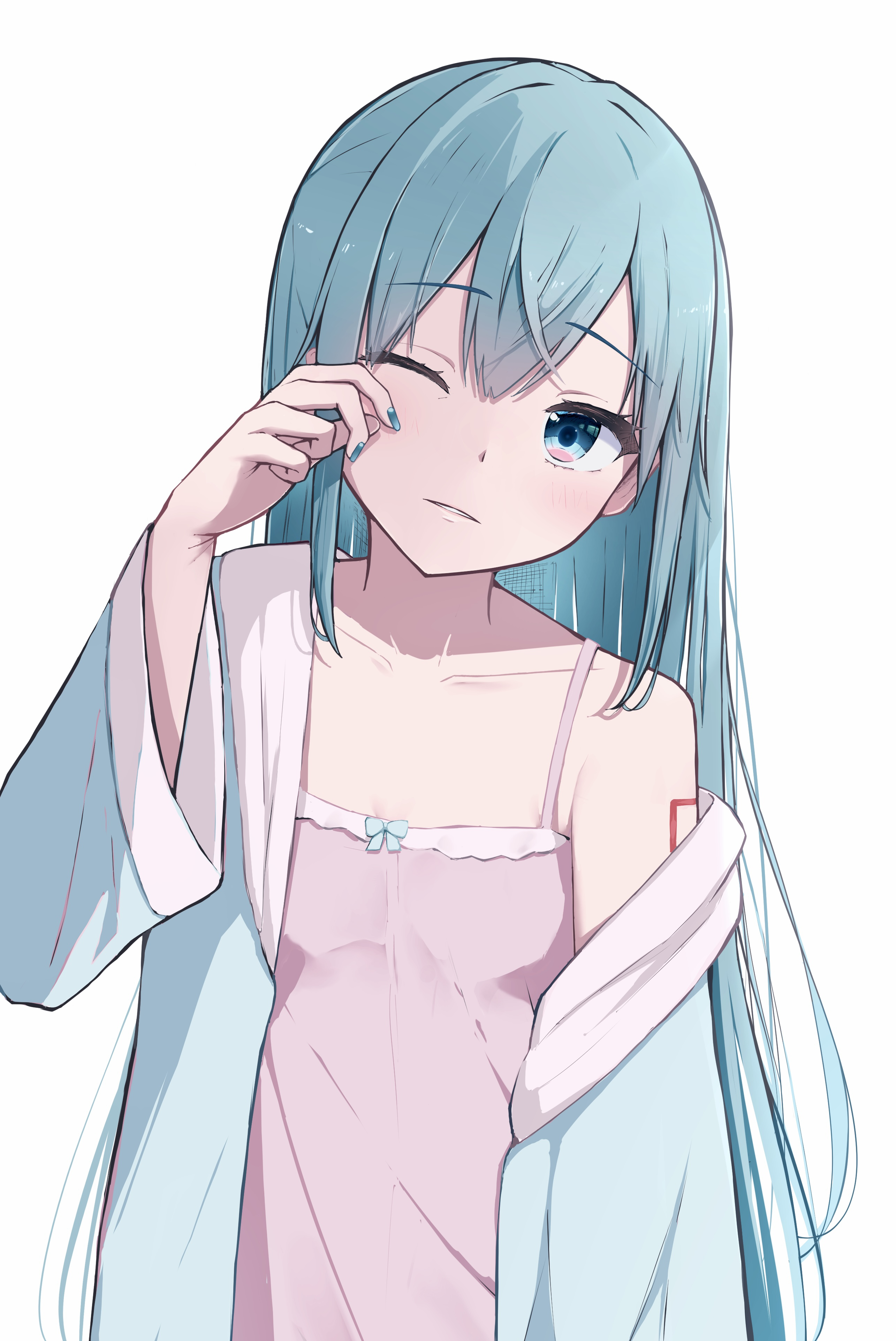 okome (okome 0627ha), hatsune miku, vocaloid, absurdres, commentary request, highres, 1girl, alternate costume, alternate hairstyle, aqua hair, aqua nails, arm tattoo, bare shoulders, breasts, camisole, collarbone, hair between eyes, hair ornament, long sleeves, looking at viewer, number tattoo, one eye closed, pink camisole, simple background, sleepwear, small breasts, solo, straight hair, tattoo, white background