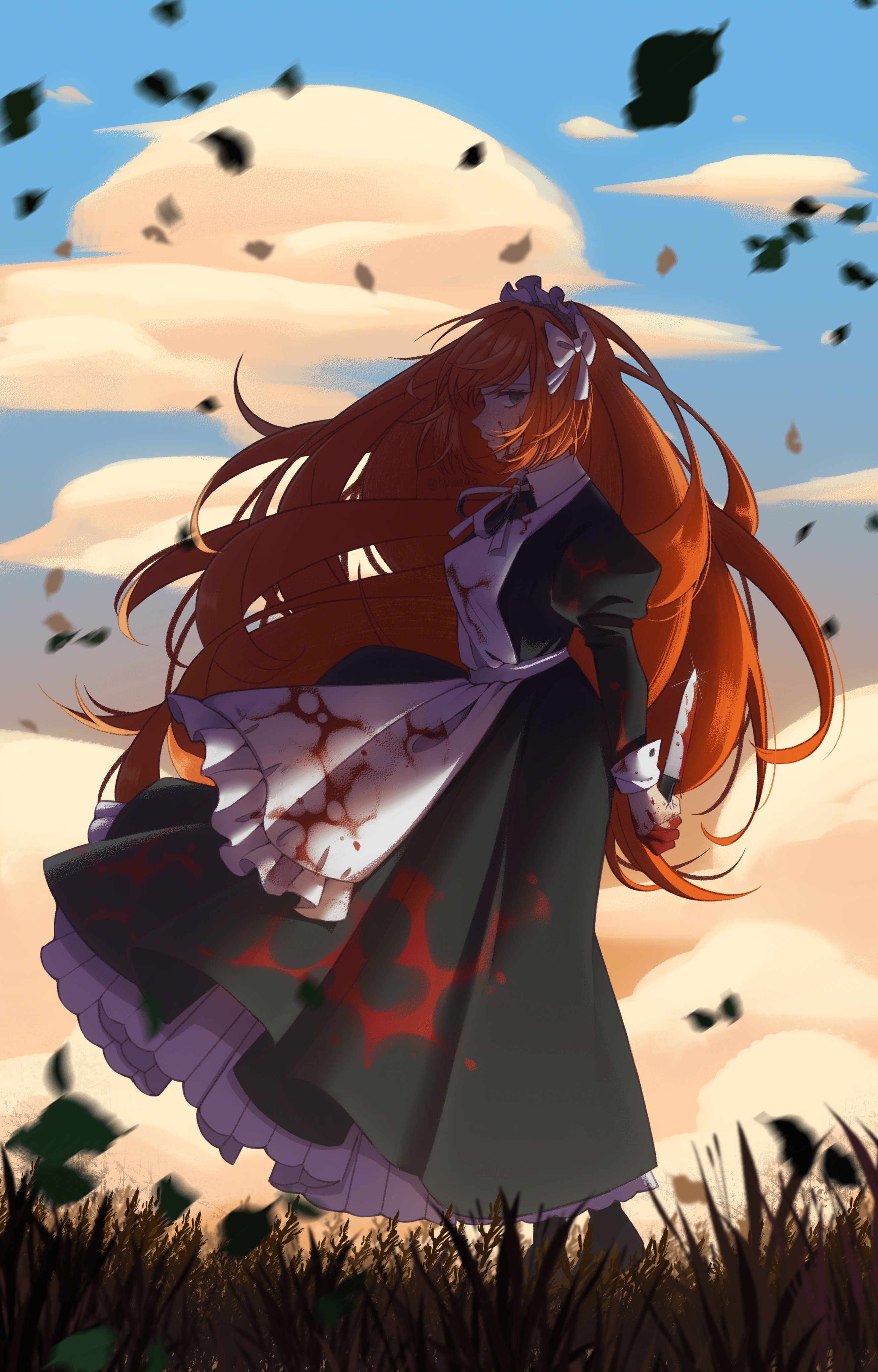 kuraedo, ishmael (project moon), limbus company, project moon, absurdres, commentary, english commentary, highres, 1girl, alternate costume, apron, arms behind back, black dress, blood, blood on clothes, blood on hands, bloody knife, closed mouth, cloud, cloudy sky, day, dress, enmaided, from side, grass, green eyes, holding, holding behind back, holding knife, holding knife behind back, juliet sleeves, knife, leaf, long dress, long hair, long sleeves, looking at viewer, maid, maid apron, maid headdress, orange hair, outdoors, puffy sleeves, sky, solo, swept bangs, white apron