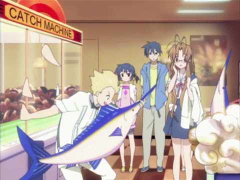 furukawa sanae, okazaki tomoya, sunohara mei, sunohara youhei, clannad, animated, animated gif, anime screenshot, lowres, 00s, 2boys, 2girls, antenna hair, blonde hair, blue hair, brown hair, fish, glasses, multiple boys, multiple girls, school uniform, swordfish, twintails