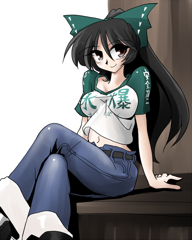 kieyza, reiuji utsuho, touhou, 1girl, alternate costume, arm support, black hair, bow, brown eyes, casual, clothes writing, contemporary, crossed legs, denim, female focus, hair bow, jeans, long hair, midriff, navel, pants, raglan sleeves, shirt, sitting, solo, t-shirt