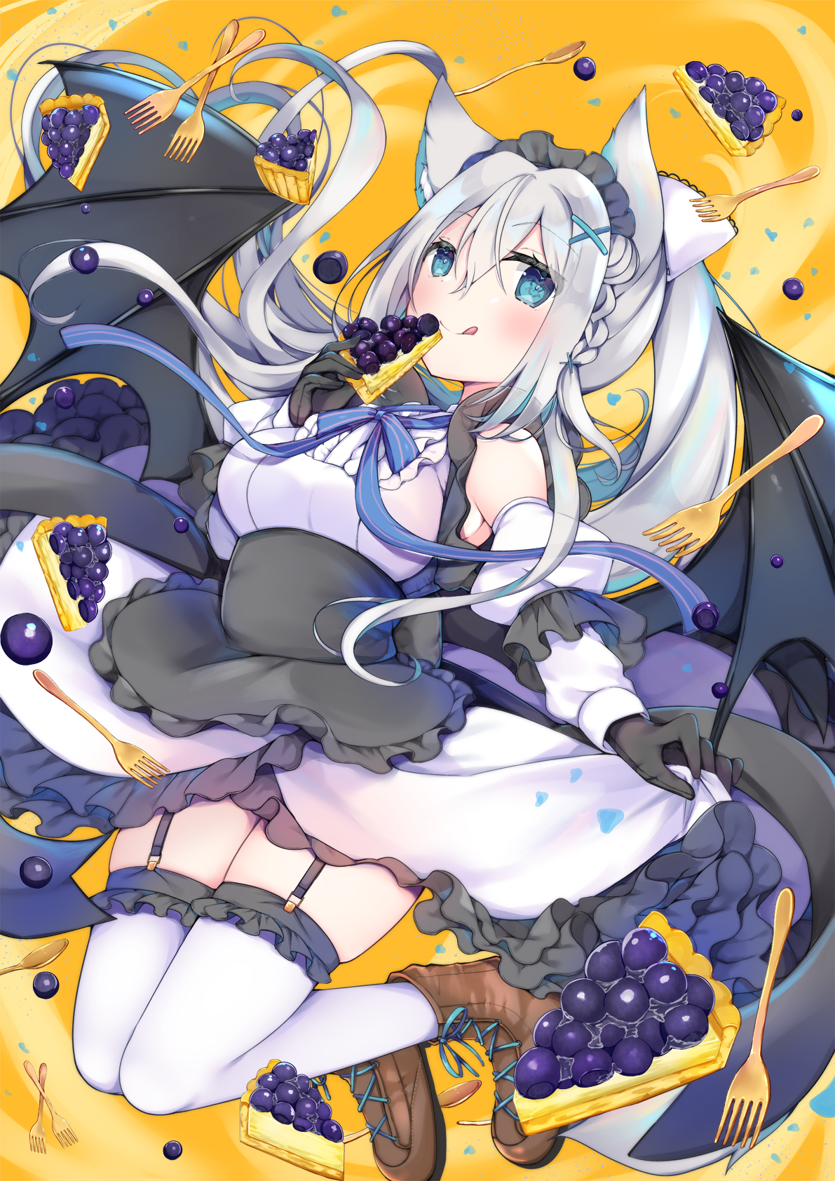 satsuki mayuri, original, commentary request, highres, 1girl, animal ears, bat wings, black gloves, blue eyes, breasts, cake, cake slice, cat ears, cat girl, cheesecake, detached sleeves, food, fork, frilled thighhighs, frills, garter straps, gloves, hair between eyes, hair ornament, long hair, looking at viewer, medium breasts, ponytail, solo, spoon, thighhighs, white thighhighs, wings, x hair ornament