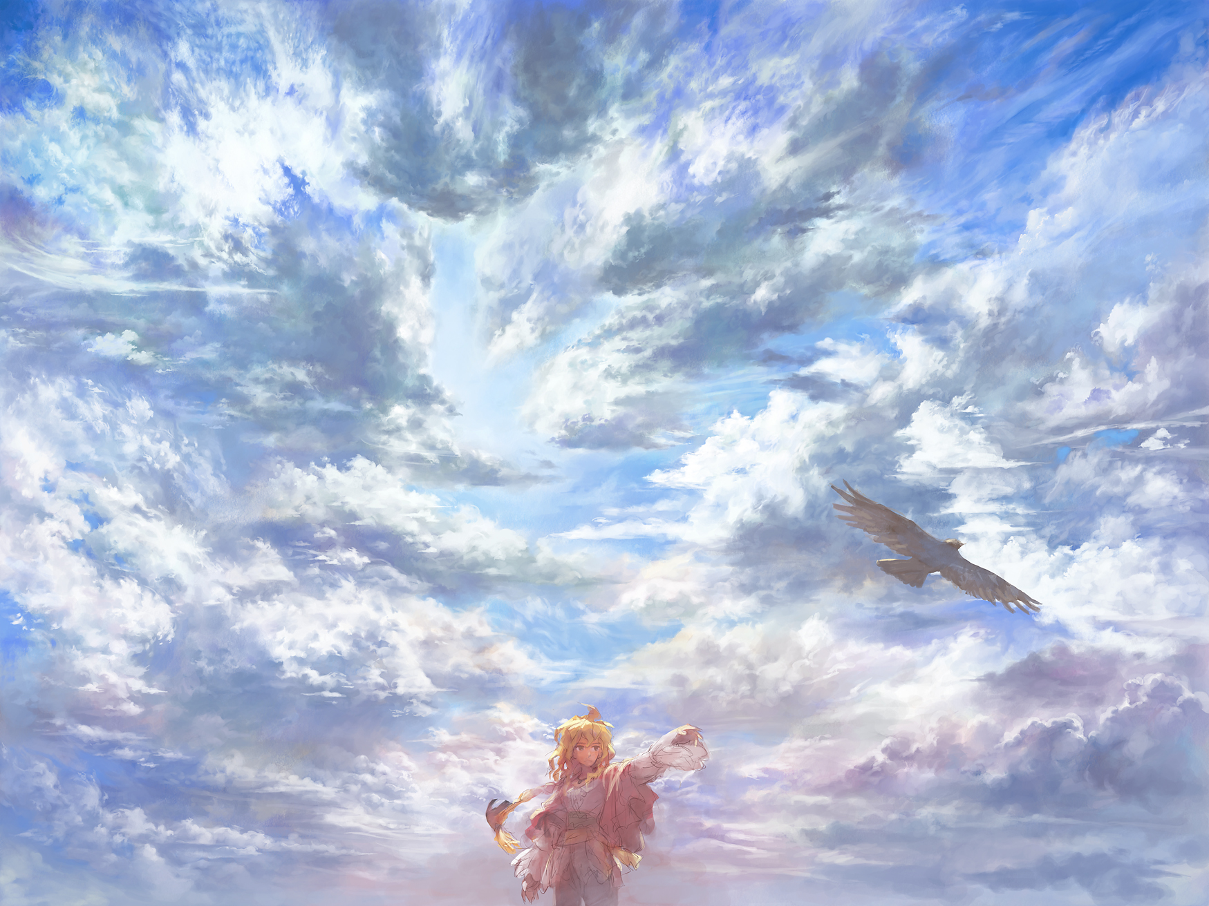 matsuda (matsukichi), original, highres, bird, blonde hair, braid, cloud, day, scenery, sky, solo