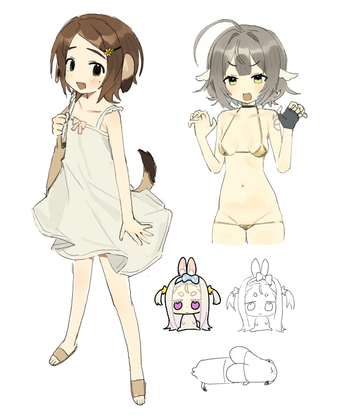 mota (motaberrie), motaberrie (vtuber), indie virtual youtuber, character request, highres, 3girls, :d, ahoge, animal ears, bare arms, bikini, brown eyes, brown hair, chibi, chibi inset, claw pose, dog girl, doodle inset, dress, fang, gold bikini, green eyes, grey hair, hair ornament, hairclip, multiple girls, navel, open mouth, purple eyes, sandals, smile, sundress, swimsuit, tail, white background, white hair