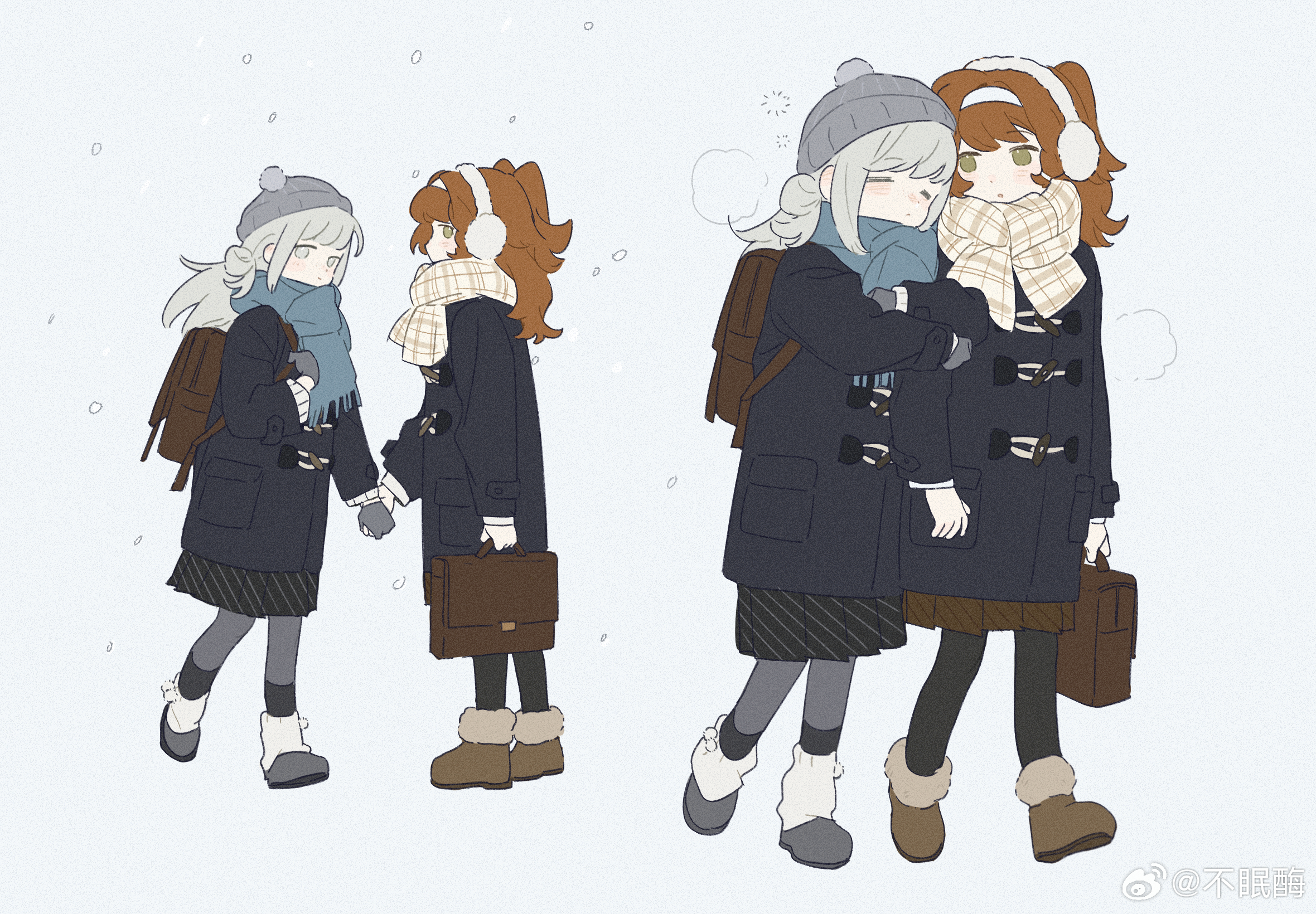 bumian mei, sonetto (reverse:1999), vertin (reverse:1999), reverse:1999, chinese commentary, commentary request, highres, 2girls, bag, black coat, black pants, black socks, blue scarf, blush, boots, brown bag, brown eyes, closed eyes, coat, earmuffs, full body, gloves, grey gloves, grey hat, hat, headband, holding, holding bag, holding hands, leg warmers, locked arms, long hair, long skirt, looking at another, multiple girls, multiple views, orange hair, pants, pants under skirt, plaid clothes, plaid scarf, scarf, school bag, sidelocks, skirt, snow, socks, swept bangs, two side up, watermark, weibo watermark, white background, white eyes, white hair, white headband, yuri