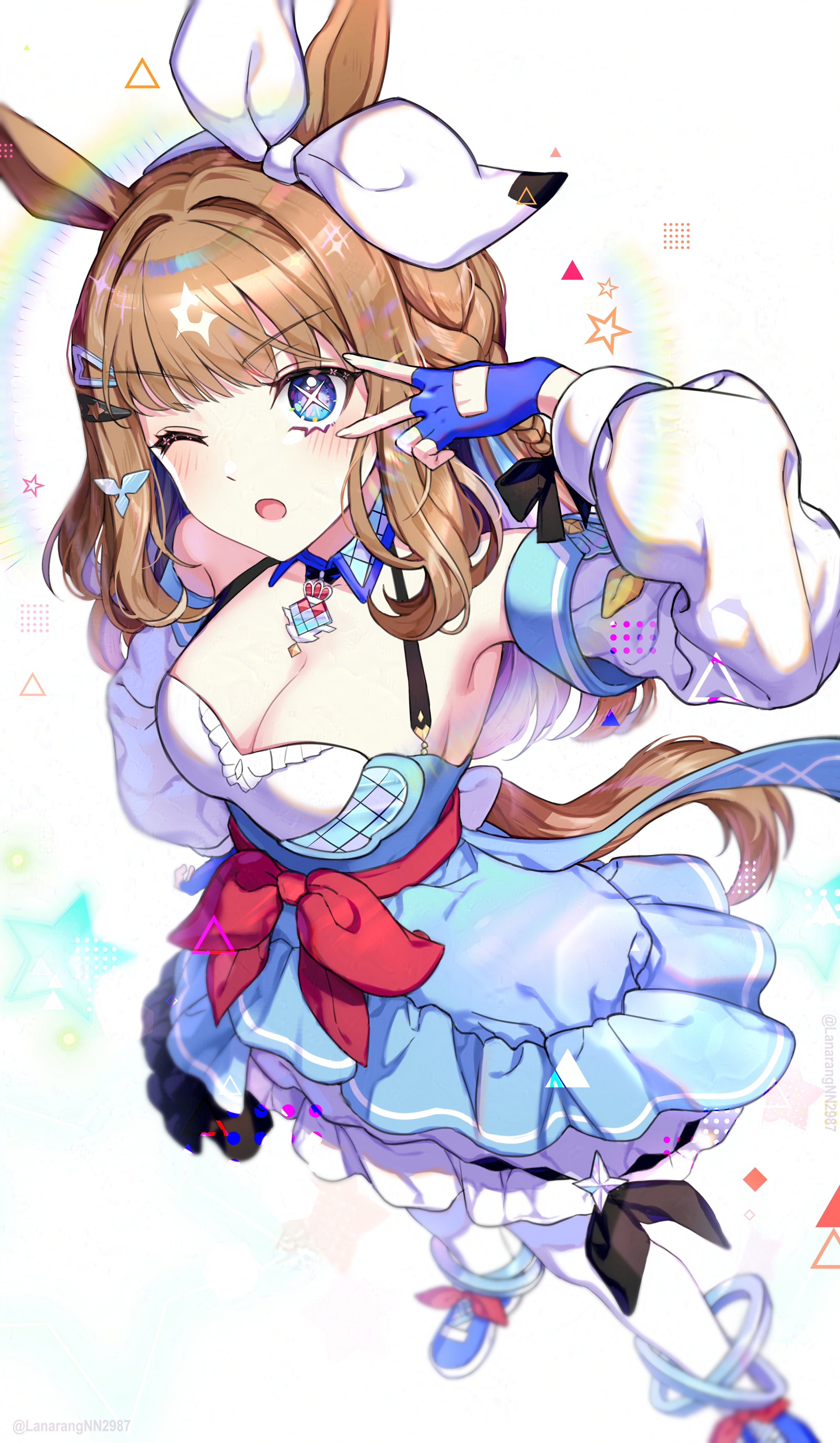 murupuru 22, almond eye (umamusume), umamusume, absurdres, commentary request, highres, 1girl, animal ears, armpits, blue dress, blue eyes, blue gloves, bow, breasts, brown hair, cleavage, detached collar, detached sleeves, dress, fingerless gloves, from above, gloves, hair ornament, hairband, hairclip, hand up, horse ears, horse girl, large breasts, long hair, long sleeves, looking at viewer, one eye closed, parted lips, symbol-shaped pupils, v-shaped eyebrows, wavy hair, white background, white bow, white hairband, x-shaped pupils
