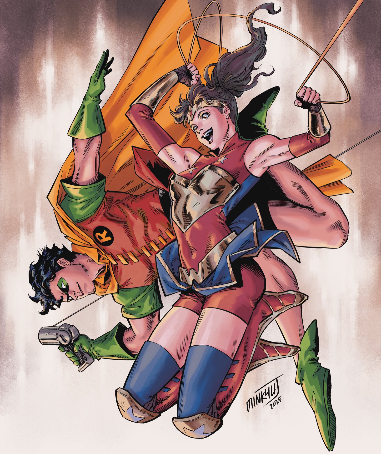 jason todd, robin (dc), batman (series), dc comics, wonder woman (series), highres, 1boy, 1girl, belt, black hair, blue bodysuit, blue eyes, bodysuit, breasts, brown hair, cape, circlet, domino mask, eye mask, gloves, gold, gold belt, mask, minkyujungart, multicolored bodysuit, muscular, muscular male, red bodysuit, short hair, simple background, sleeveless, sleeveless bodysuit, small breasts, smile, superhero costume, trinity (dc), two-tone bodysuit