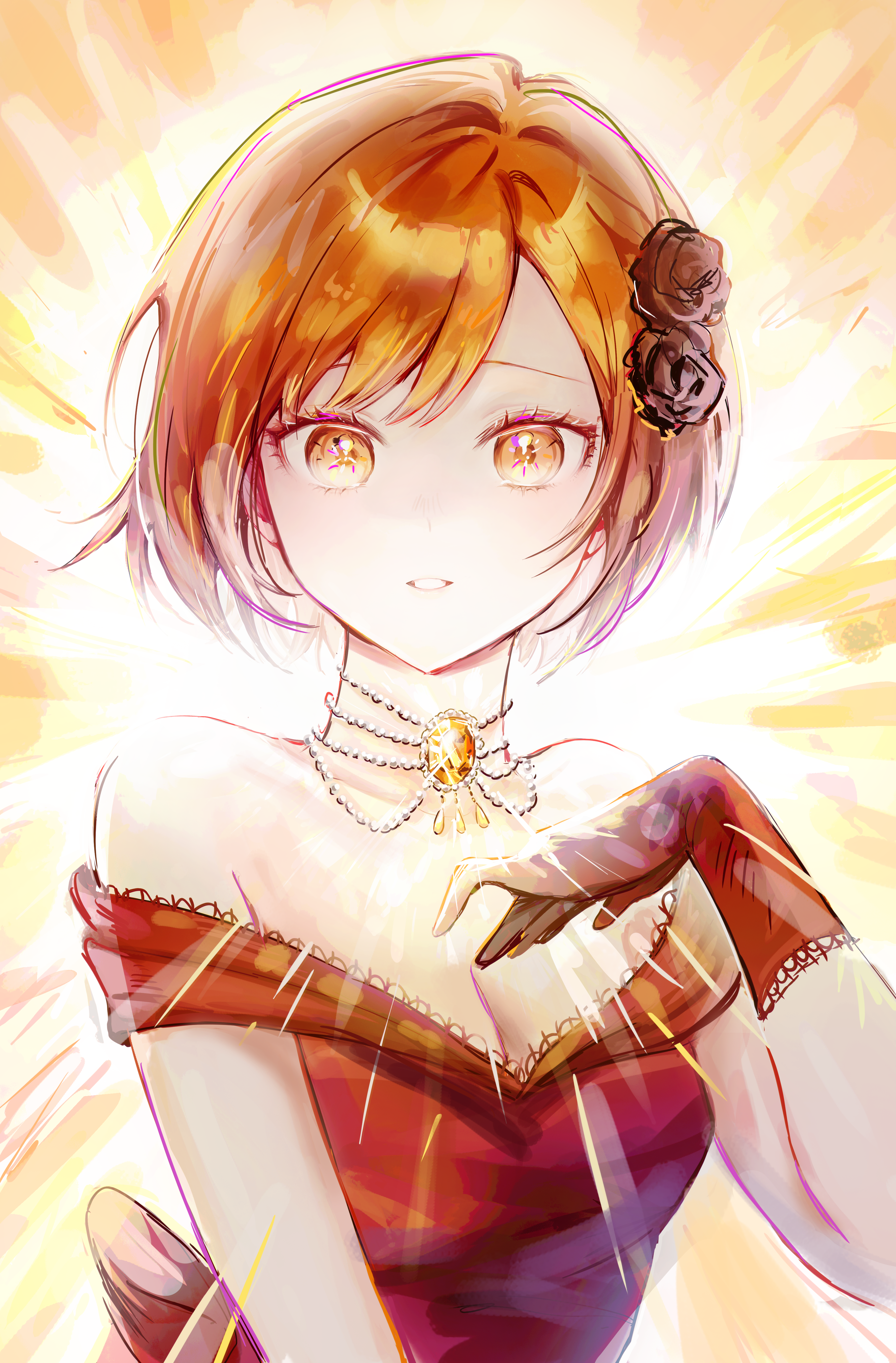 someang, shinonome ena, project sekai, absurdres, commentary, highres, 1girl, arm up, backlighting, black flower, breasts, brown eyes, brown hair, dress, flower, gem, gloves, hair flower, hair ornament, half gloves, jewelry, looking at viewer, off-shoulder dress, off shoulder, parted lips, red dress, red gloves, short hair, small breasts, solo, waist ribbon, yellow background, yellow gemstone