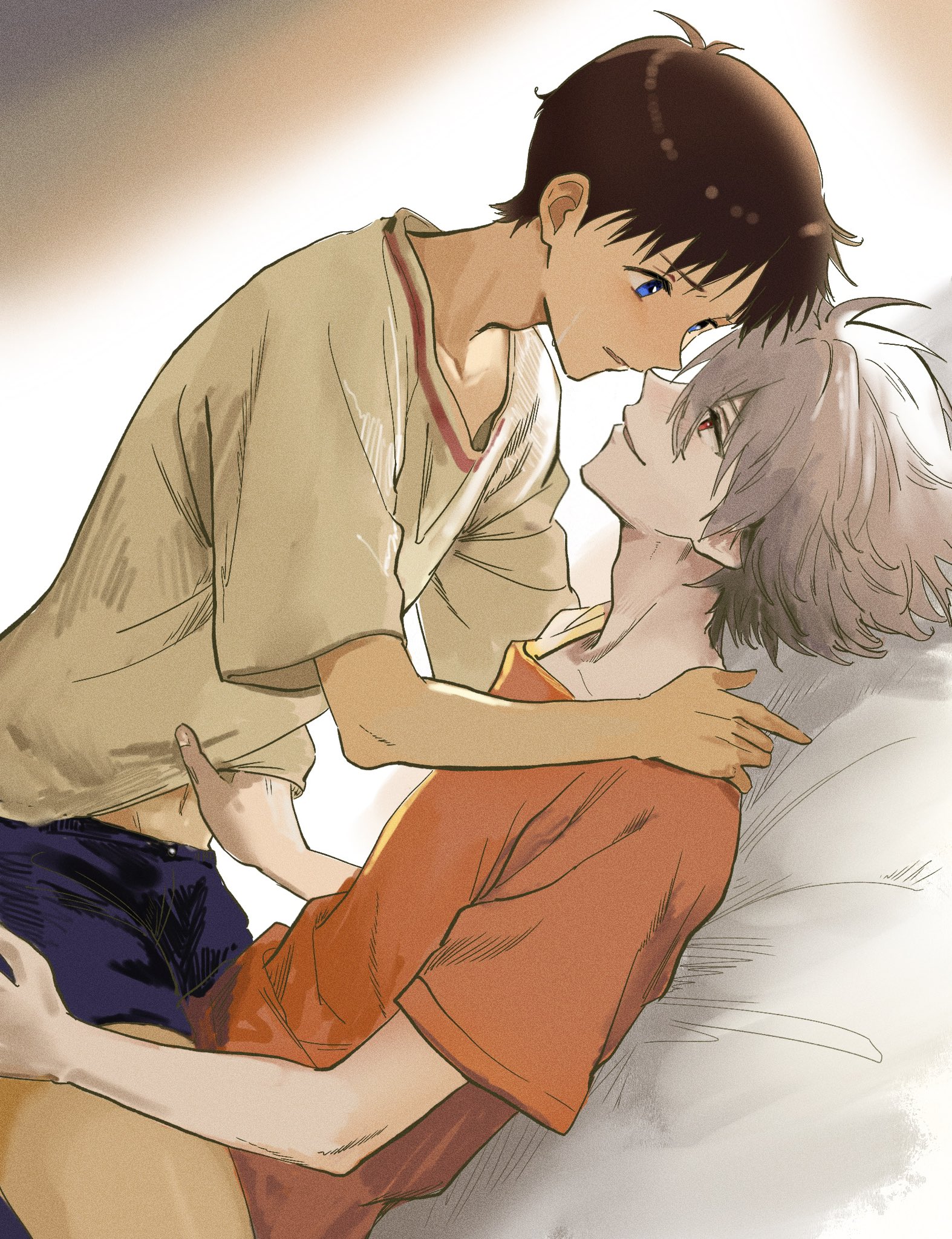 ikari shinji, nagisa kaworu, neon genesis evangelion, commentary request, highres, 2boys, adam's apple, blue eyes, blue shorts, blush, boy on top, brown hair, brown shirt, collarbone, eye contact, from side, hair between eyes, looking at another, male focus, midriff, multiple boys, navel, orange shirt, shirt, shorts, soraaaa53, thighs