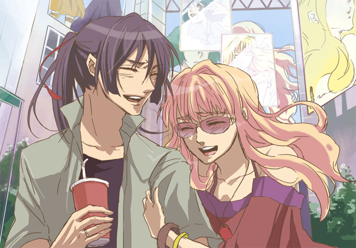 saki miya, ranka lee, saotome alto, sheryl nome, macross, macross frontier, bad id, bad pixiv id, 00s, 1boy, 1girl, m/, blonde hair, blue eyes, blue hair, bracelet, couple, hetero, jewelry, long hair, sunglasses