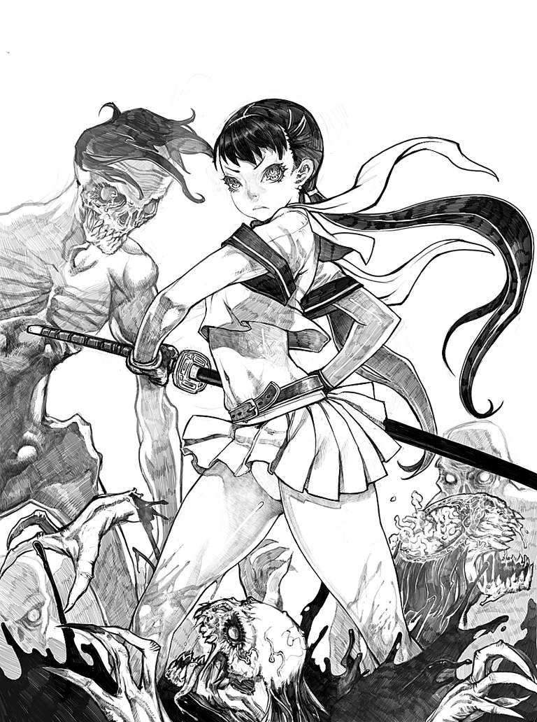 jeffr, saki (oneechanbara), oneechanbara, 1girl, greyscale, midriff, miniskirt, monochrome, monster, panties, pantyshot, skirt, sword, twintails, underwear, weapon, zombie hunters