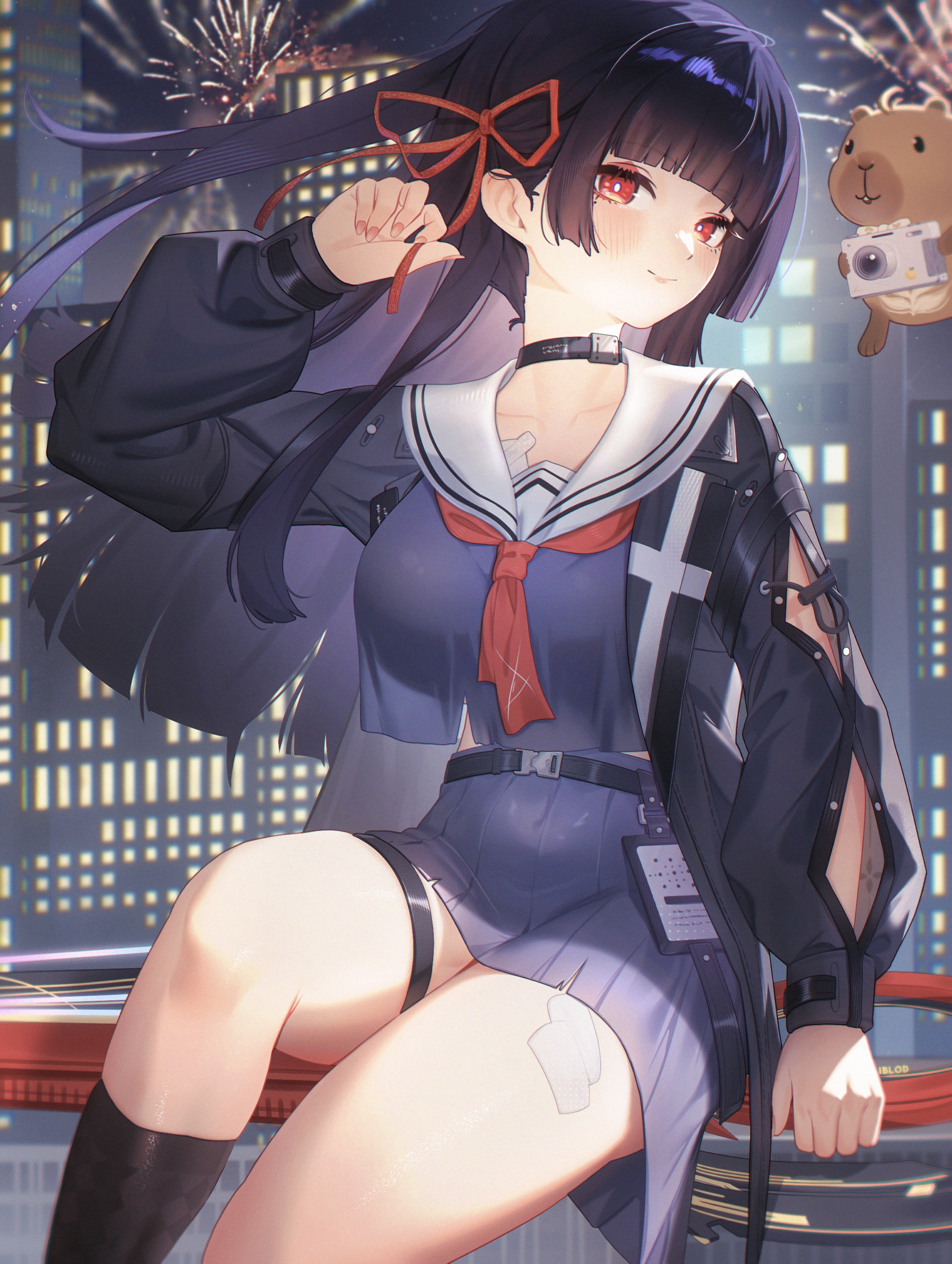 iblod, chisa (wuthering waves), wuthering waves, absurdres, chinese commentary, commentary request, highres, 1girl, aerial fireworks, alternate breast size (larger), arm cutout, black choker, black hair, black jacket, black serafuku, black shirt, black skirt, blush, breasts, bright pupils, choker, closed mouth, clothing cutout, collarbone, fingernails, fireworks, hair ribbon, hand up, jacket, large breasts, long hair, long sleeves, looking at viewer, namipon (wuthering waves), neckerchief, night, red eyes, red neckerchief, red ribbon, ribbon, sailor collar, school uniform, serafuku, shirt, sitting, skirt, smile, sword, thigh strap, weapon, white pupils, white sailor collar