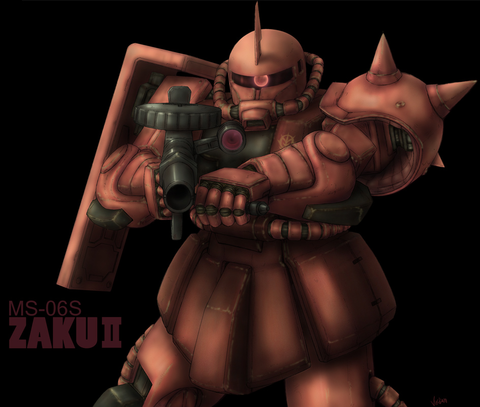 viridian-c, zaku, zaku ii, zaku ii s char custom, gundam, mobile suit gundam, bad id, bad pixiv id, gun, machine gun, mecha, no humans, robot, simple background, solo, weapon