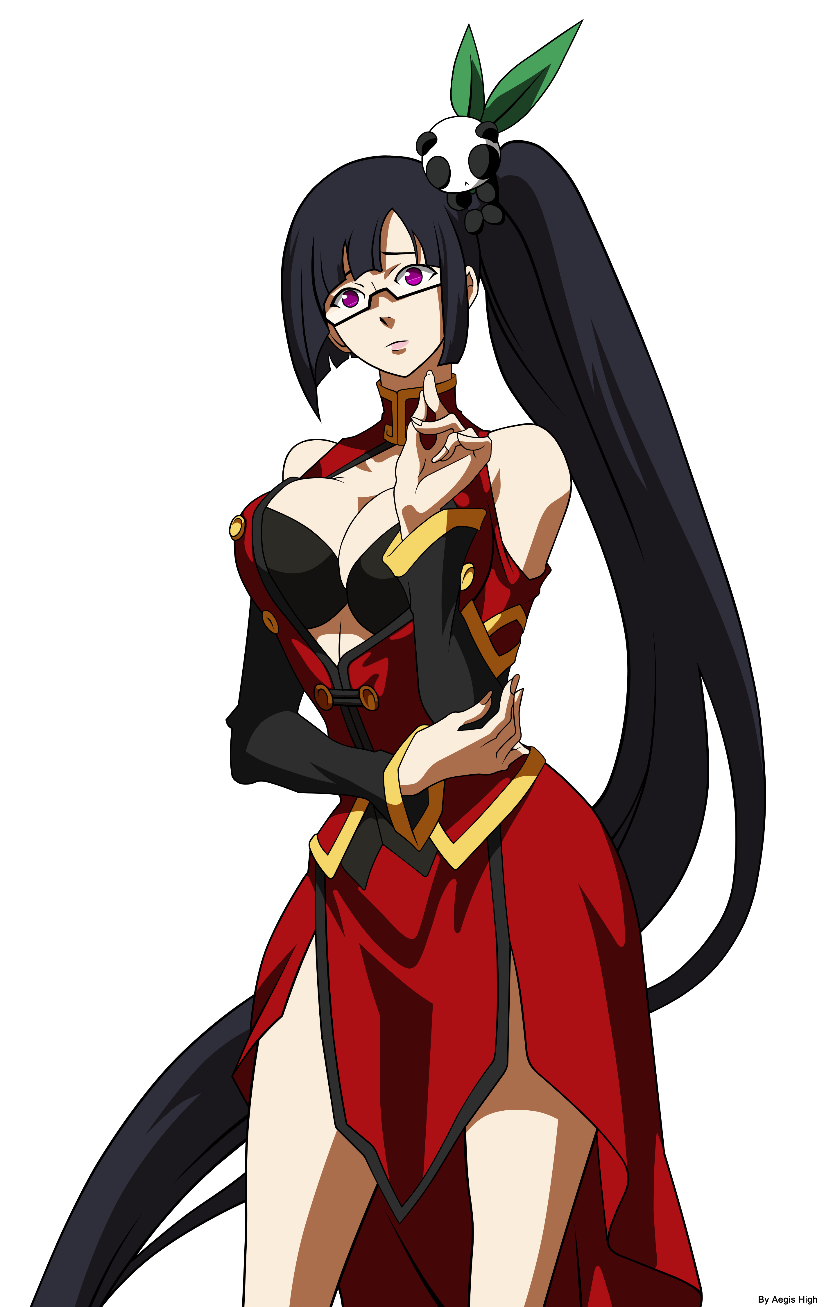 litchi faye ling, arc system works, blazblue, blazblue: calamity trigger, absurdres, derivative work, highres, official art, vector trace, 1girl, black hair, breasts, china dress, chinese clothes, cleavage, cleavage cutout, clothing cutout, dress, female focus, glasses, hair ornament, large breasts, long hair, panda, ponytail, purple eyes, solo, transparent background, very long hair, watermark