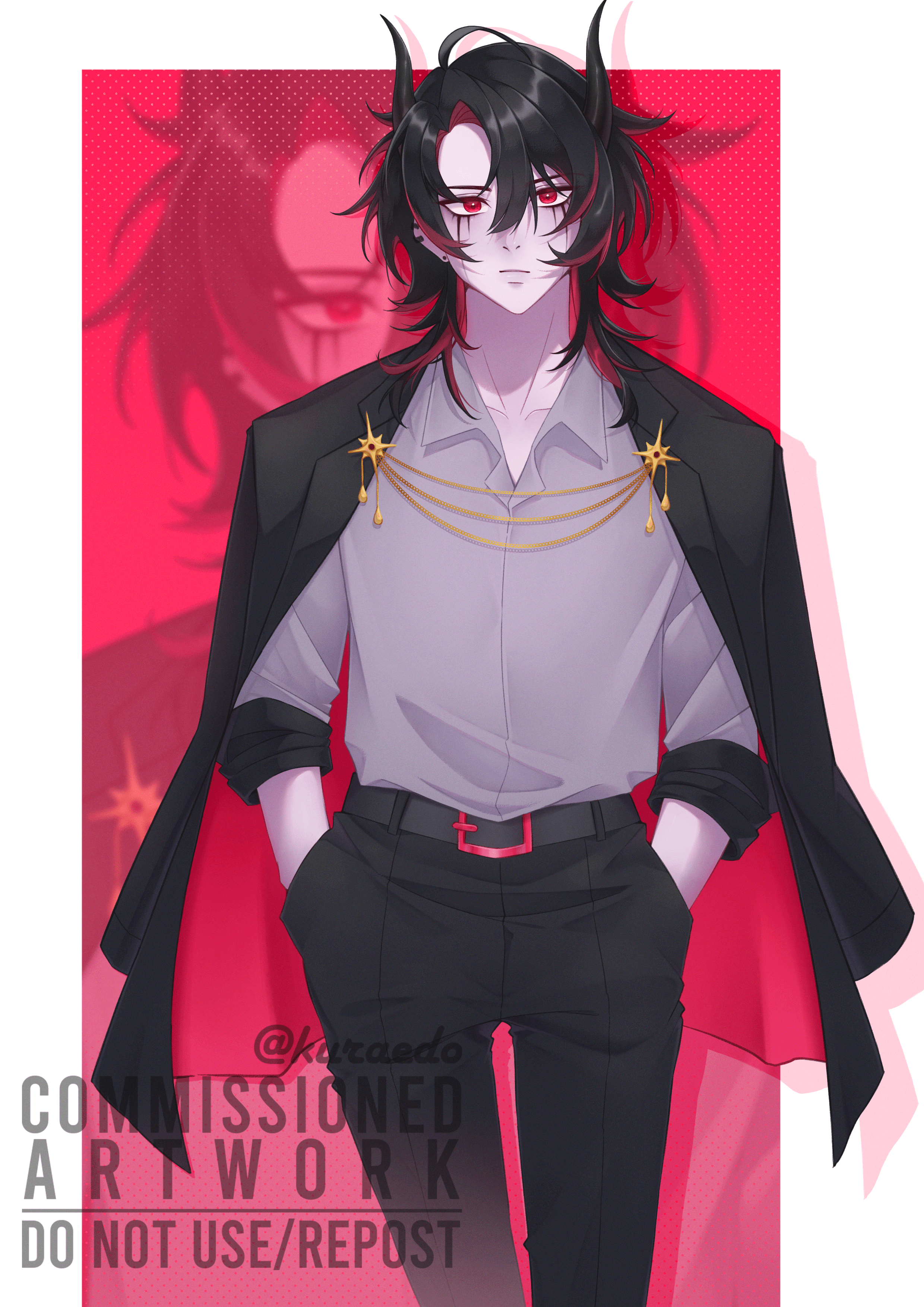 kuraedo, original, absurdres, commentary, english commentary, highres, 1boy, belt, belt buckle, black belt, black hair, black jacket, black pants, buckle, closed mouth, cowboy shot, demon boy, demon horns, grey shirt, hair between eyes, hands in pockets, horns, jacket, jacket on shoulders, looking at viewer, male focus, medium hair, multicolored hair, pants, parted bangs, red eyes, red streaks, shirt, streaked hair, zoom layer
