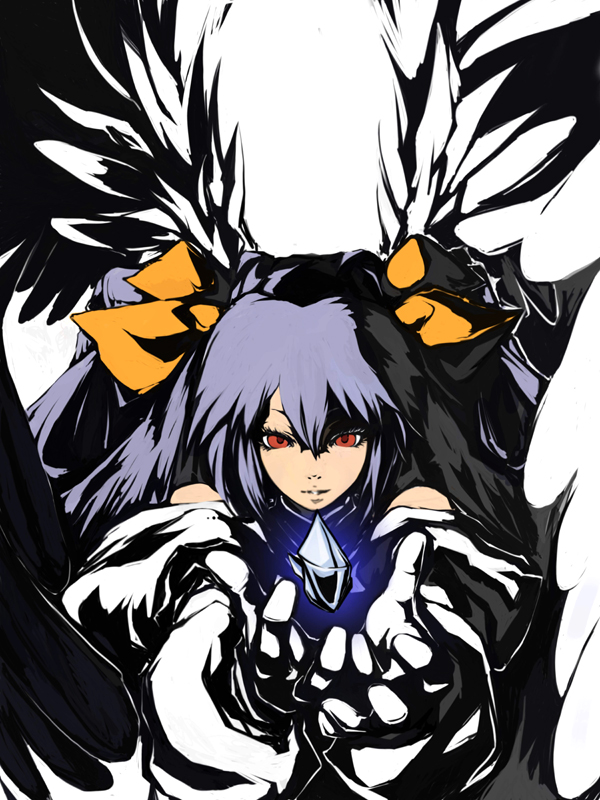 dizzy (artist), dizzy (guilty gear), arc system works, guilty gear, 1girl, asymmetrical wings, blue hair, bow, female focus, hair bow, red eyes, solo, wings