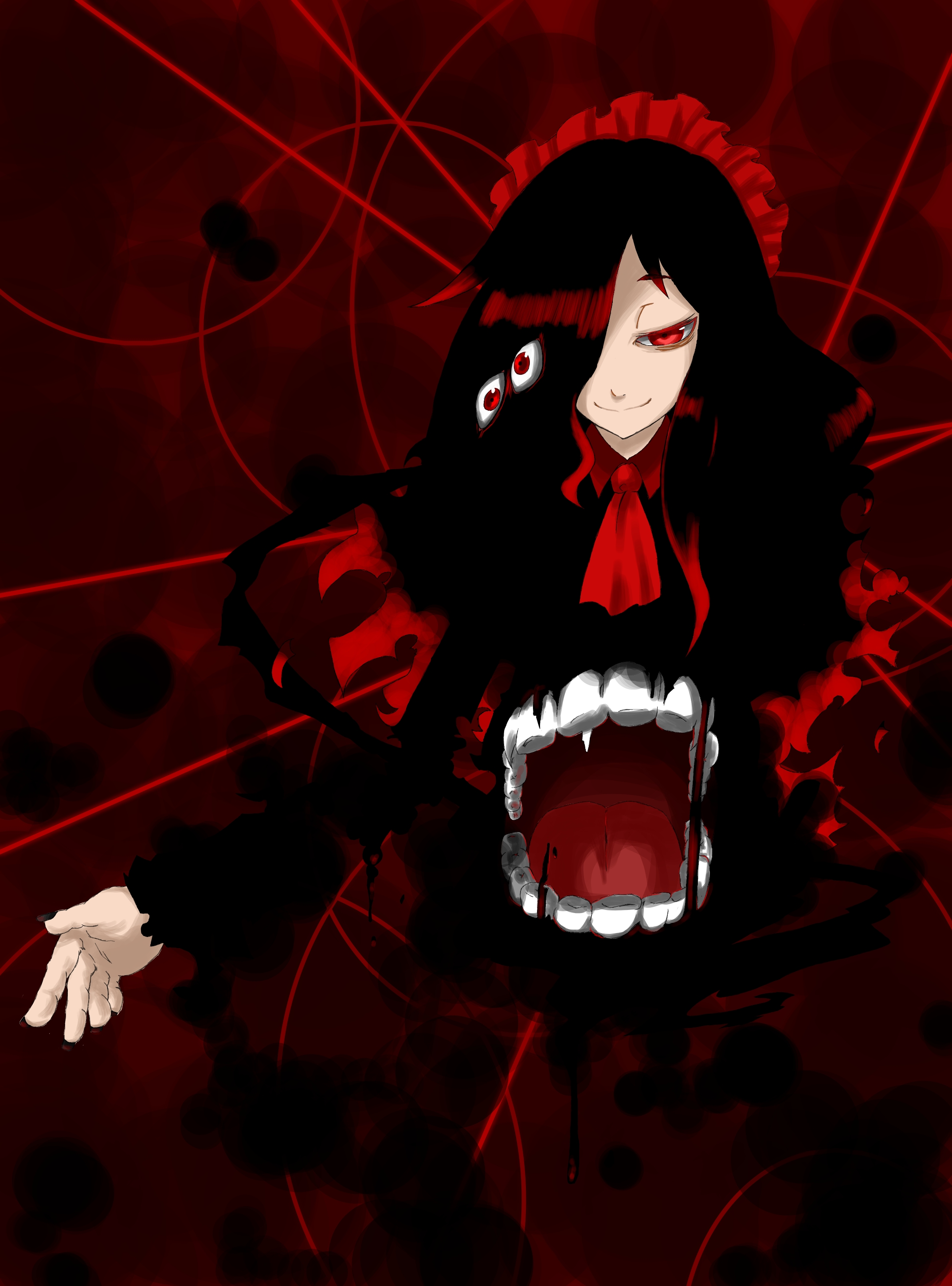 haiiro gundan, ozoi, futaba channel, nijiura maids, absurdres, highres, 1girl, black hair, chest mouth, closed eyes, creepy, darkness, female focus, hair over one eye, horror (theme), monster, open mouth, red eyes, smile, solo, teeth