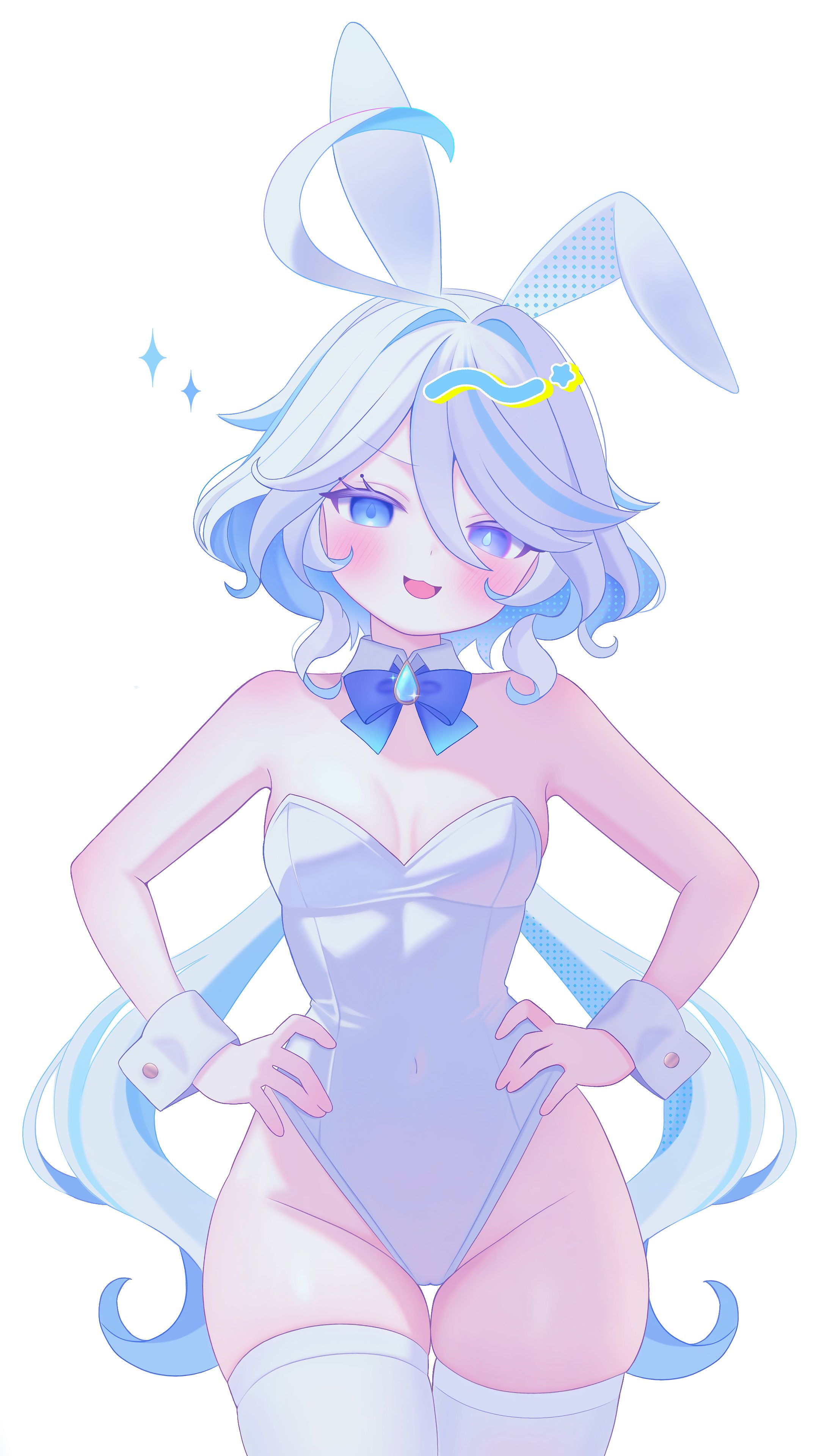 fuminshou (nekopan art), furina (genshin impact), genshin impact, absurdres, commentary, highres, 1girl, :d, ahoge, alternate costume, animal ears, bare shoulders, blue bow, blue bowtie, blue eyes, blue pupils, blue streaks, blush, bow, bowtie, breasts, breasts apart, collar, cowboy shot, detached collar, drop-shaped pupils, fake animal ears, hair between eyes, hands on own hips, heterochromia, highleg, highleg leotard, leotard, long hair, looking at viewer, medium breasts, multicolored hair, open mouth, playboy bunny, rabbit ears, simple background, smile, solo, strapless, strapless leotard, streaked hair, symbol-shaped pupils, thigh gap, thighhighs, very long hair, white background, white collar, white hair, white leotard, white thighhighs, white wrist cuffs, wrist cuffs