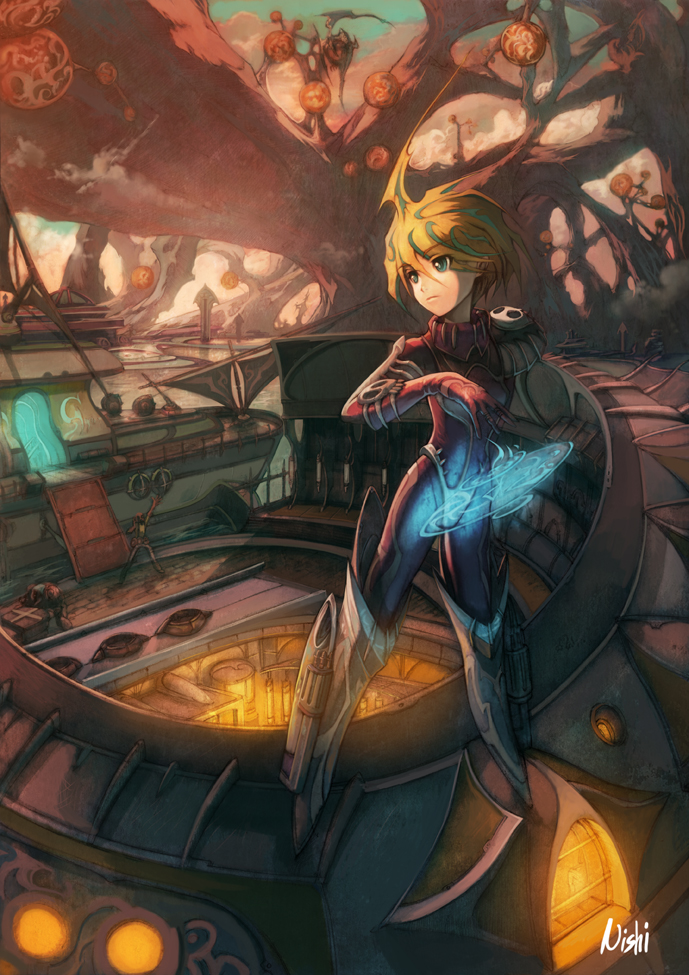 2c, original, 1girl, blonde hair, bodysuit, fantasy, green eyes, short hair, skull, solo focus