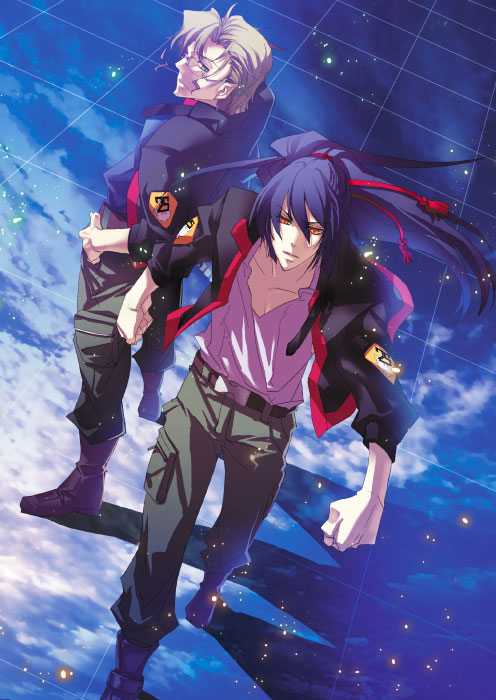 yamatsuki sou, mikhail buran, saotome alto, macross, macross frontier, bad id, bad pixiv id, 00s, 2boys, blonde hair, blue hair, glasses, jacket, long hair, male focus, multiple boys, ponytail, short hair, sky