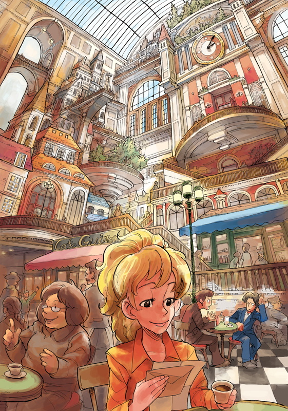 matsuda (matsukichi), original, 1girl, blonde hair, cup, letter, reading, scenery, slice of life, smile, solo focus, window