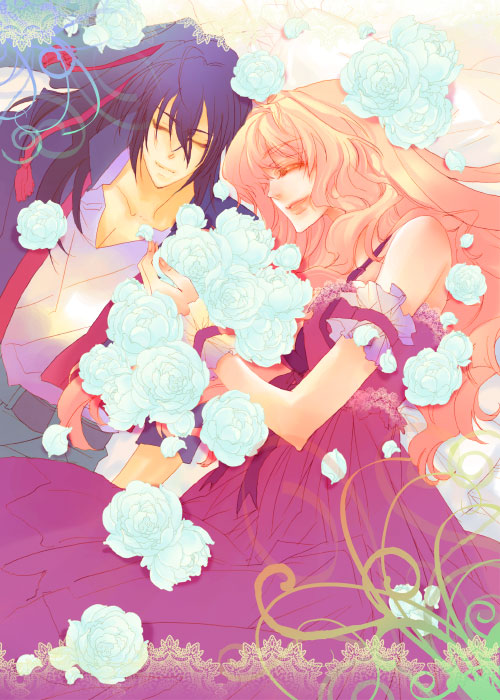 yamatsuki sou, saotome alto, sheryl nome, macross, macross frontier, bad id, bad pixiv id, 00s, 1boy, 1girl, blonde hair, blue eyes, couple, dress, flower, hetero, long hair