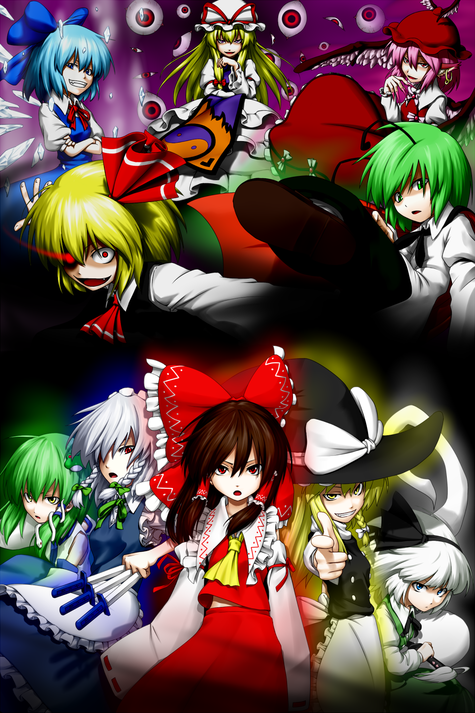 kentairui, cirno, hakurei reimu, izayoi sakuya, kirisame marisa, kochiya sanae, konpaku youmu, konpaku youmu (ghost), mystia lorelei, rumia, wriggle nightbug, yakumo yukari, touhou, highres, 6+girls, between fingers, blonde hair, crossed arms, everyone, fighting stance, finger gun, glowing, glowing eye, hitodama, holding, multiple girls, outstretched arms, ready to draw, red eyes, spread arms, team 9 (touhou)