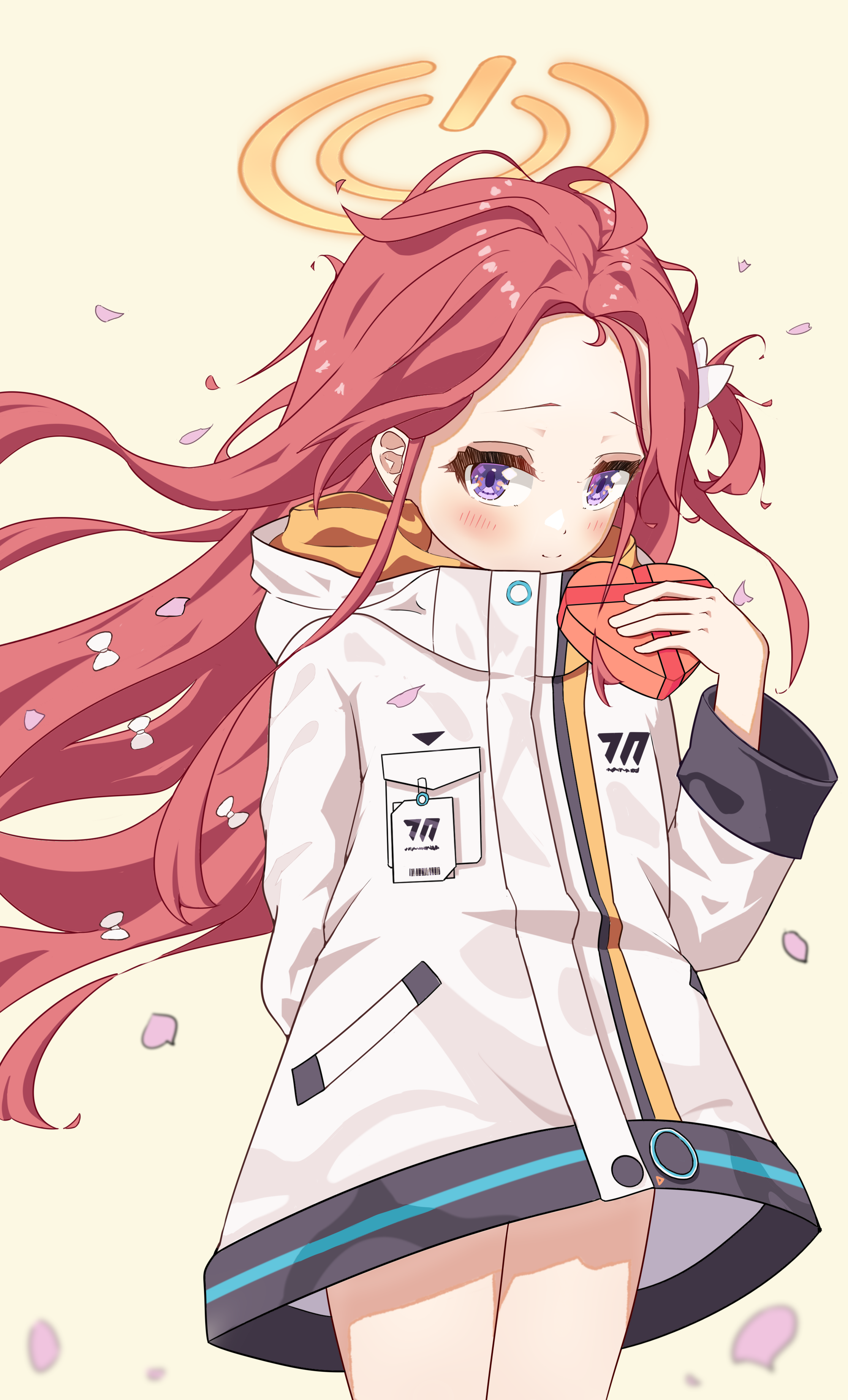 nongsuo yuzu, yuzu (blue archive), blue archive, absurdres, chinese commentary, commentary request, highres, 1girl, arm behind back, blurry, blush, bow, box, closed mouth, cowboy shot, depth of field, forehead, hair bow, halo, heart-shaped box, holding, holding box, jacket, long hair, long sleeves, looking at viewer, millennium science school logo, multiple hair bows, orange halo, pink petals, purple eyes, red hair, smile, solo, standing, very long hair, white bow, white jacket, yellow background