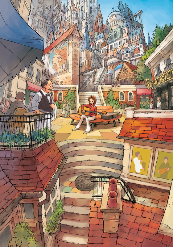 matsuda (matsukichi), original, 5girls, 6+boys, acoustic guitar, cityscape, closed eyes, guitar, instrument, multiple boys, multiple girls, perspective, scenery, slice of life, solo focus, stairs, town