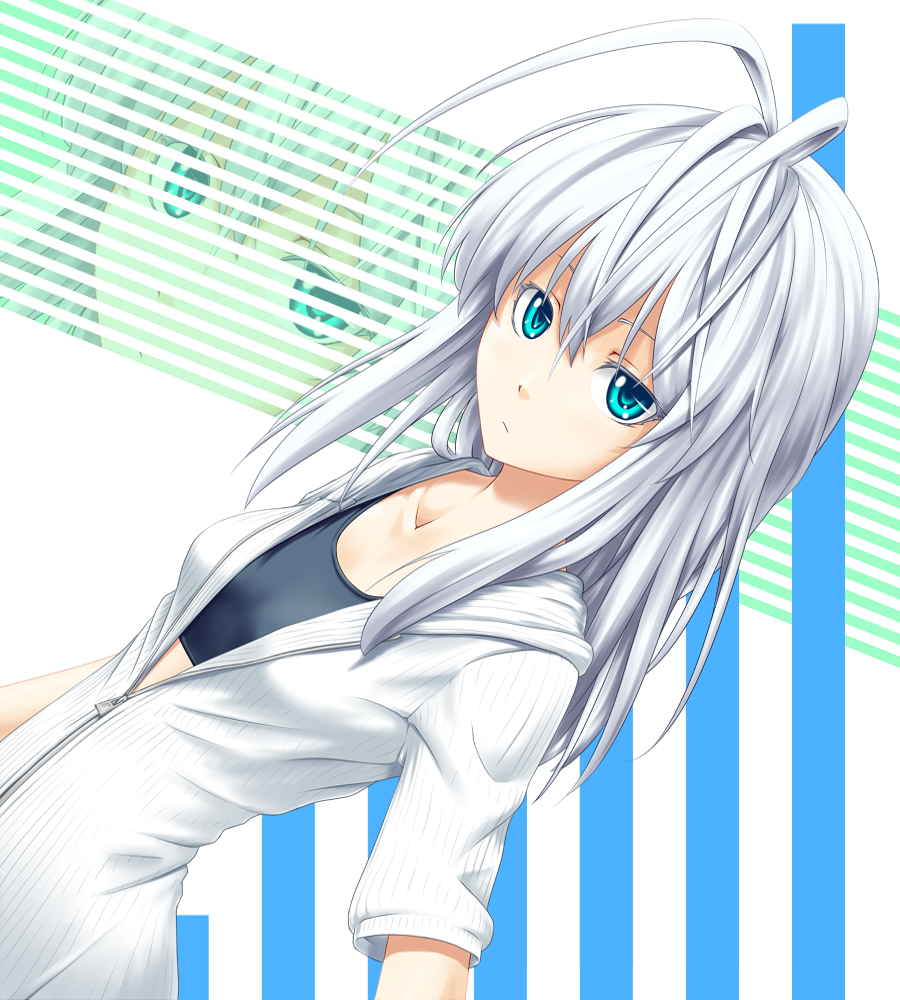 kentairui, mitsuha (kenntairui), mitsuha (kentairui), original, silver hair, 1girl, antenna hair, aqua eyes, female focus, solo, sports bra, zoom layer