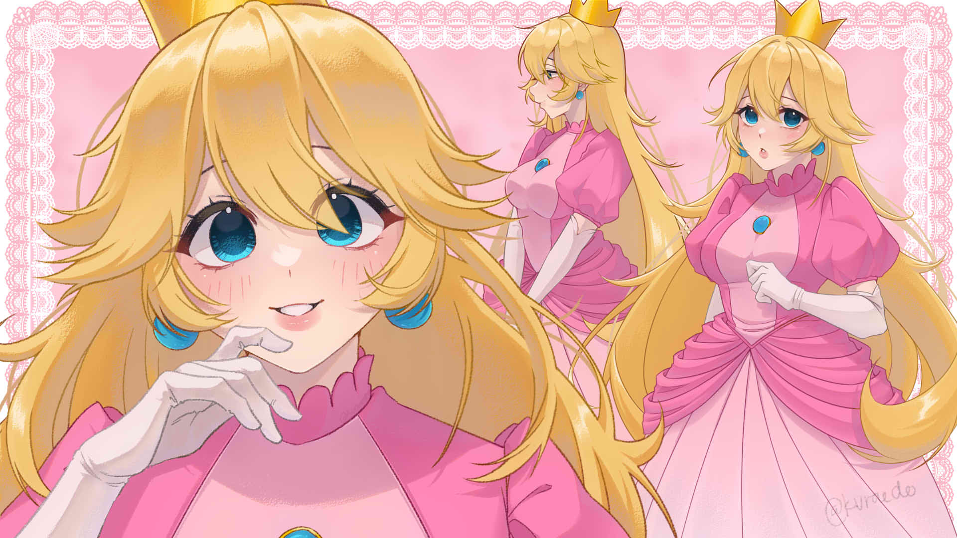 kuraedo, princess peach, mario (series), nintendo, commentary, english commentary, highres, 1girl, blonde hair, blue eyes, blue gemstone, breasts, brooch, crown, double-parted bangs, dress, earrings, elbow gloves, gem, gloves, hair between eyes, hand up, jewelry, large breasts, long hair, looking at viewer, multiple views, parted lips, pink background, pink dress, smile, sphere earrings, white gloves