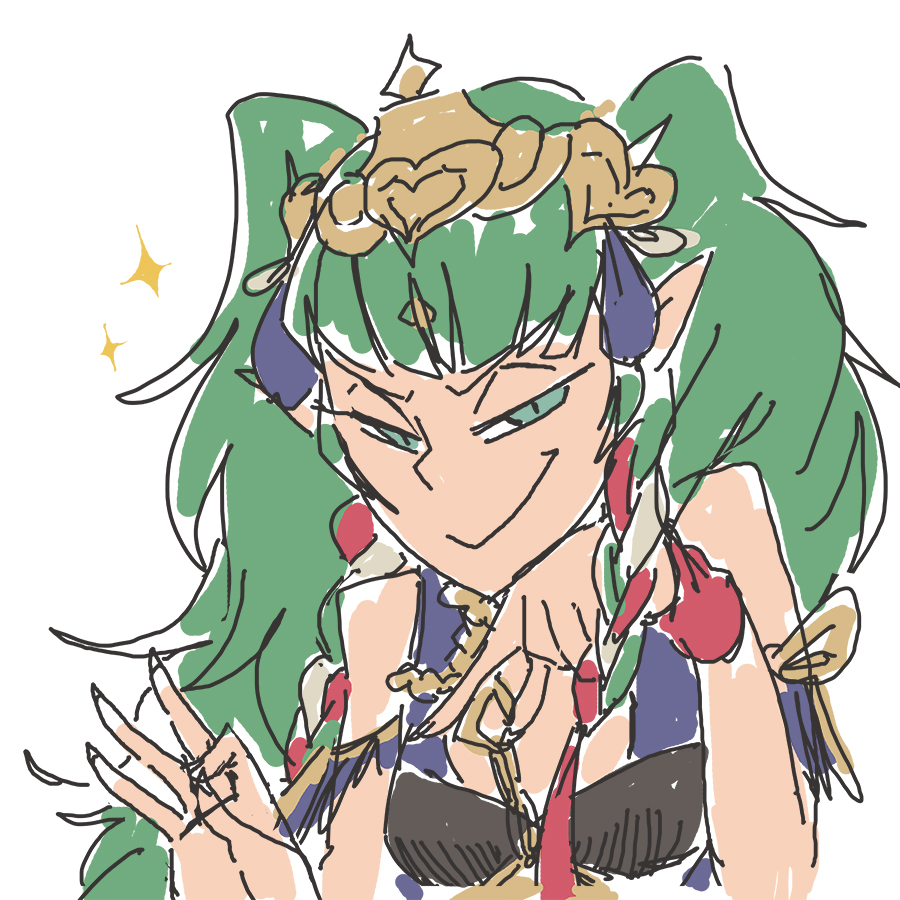davewaterfalls, sothis (fire emblem), fire emblem, fire emblem: three houses, nintendo, bare shoulders, dragon girl, green eyes, green hair, looking at viewer, pointy ears, sexually suggestive, simple background, tiara, twintails