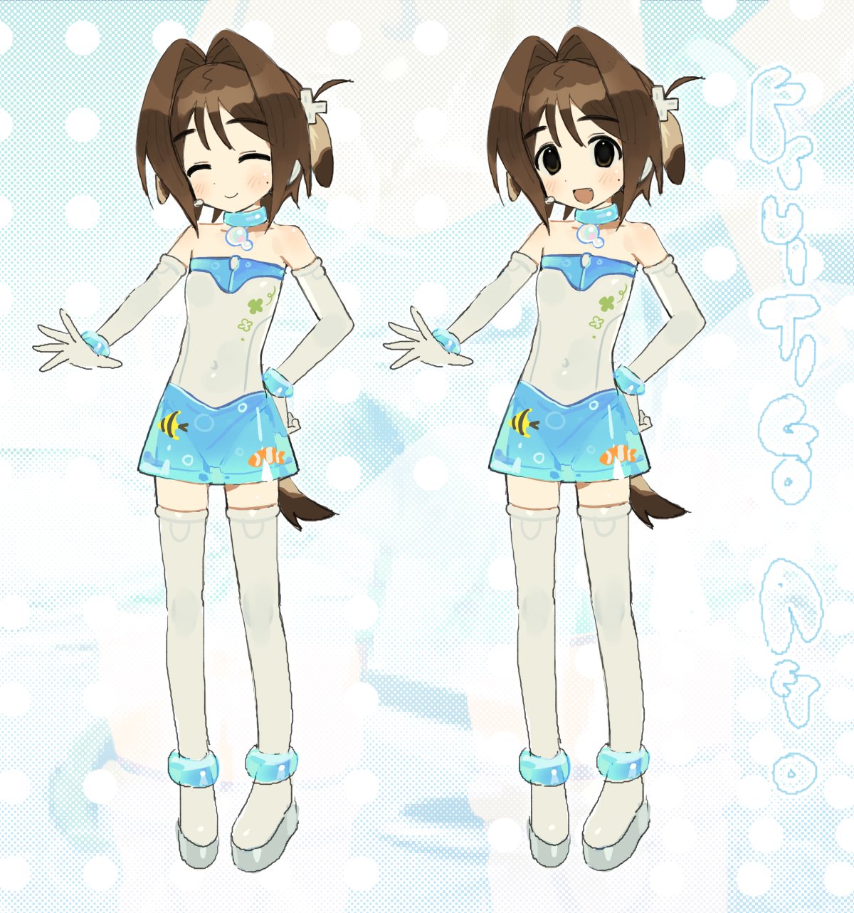 mota (motaberrie), motaberrie (vtuber), indie virtual youtuber, commentary, highres, symbol-only commentary, 1girl, :d, animal ears, bare shoulders, blue skirt, brown hair, d-pad, d-pad hair ornament, detached sleeves, dog ears, dog girl, dog tail, fang, hair intakes, hair ornament, halftone, halftone background, microphone, mole, mole on cheek, multiple expressions, open mouth, polka dot, polka dot background, see-through clothes, see-through skirt, skinny, skirt, smile, tail, thighhighs, white thighhighs