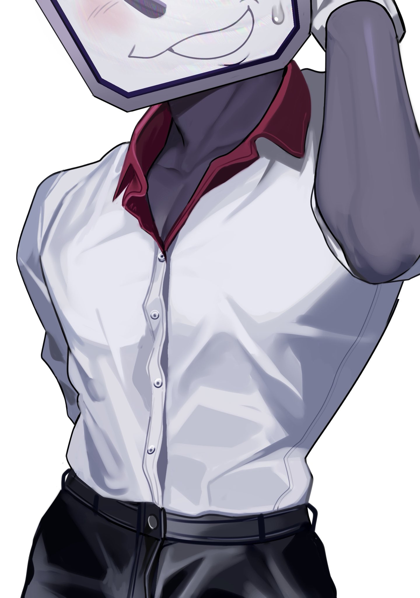valve core, ant tenna, deltarune, utdr (toby fox), highres, 1boy, belt, black belt, black pants, blush, collarbone, cowboy shot, dress shirt, eyes out of frame, hand up, head out of frame, male focus, object head, pants, pectoral cleavage, pectorals, shirt, short sleeves, simple background, smile, solo, sweatdrop, television, white background, white shirt, wing collar, wrinkled fabric
