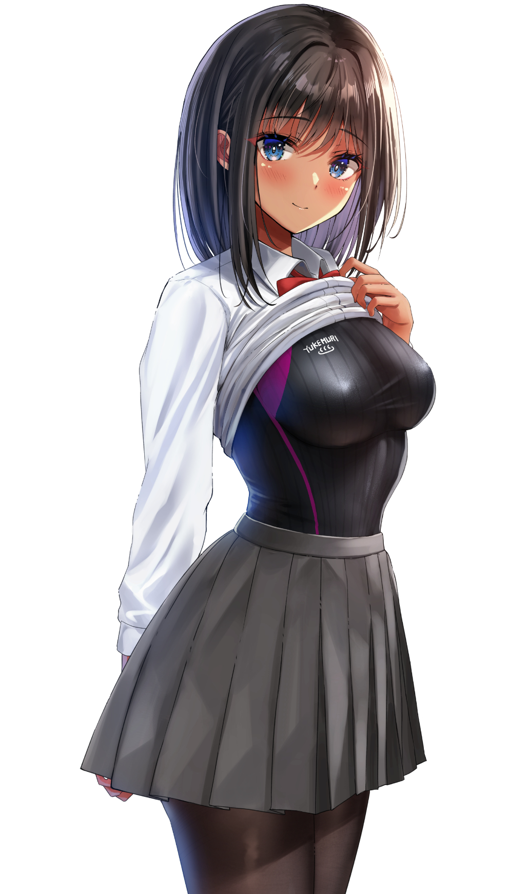 yukemuriganmo, original, commentary request, highres, 1girl, arm behind back, black hair, black one-piece swimsuit, black pantyhose, blue eyes, bow, bowtie, breasts, clothes lift, grey skirt, long hair, looking at viewer, one-piece swimsuit, pantyhose, pleated skirt, red bow, red bowtie, shirt, shirt lift, simple background, skirt, solo, swimsuit, white background, white shirt