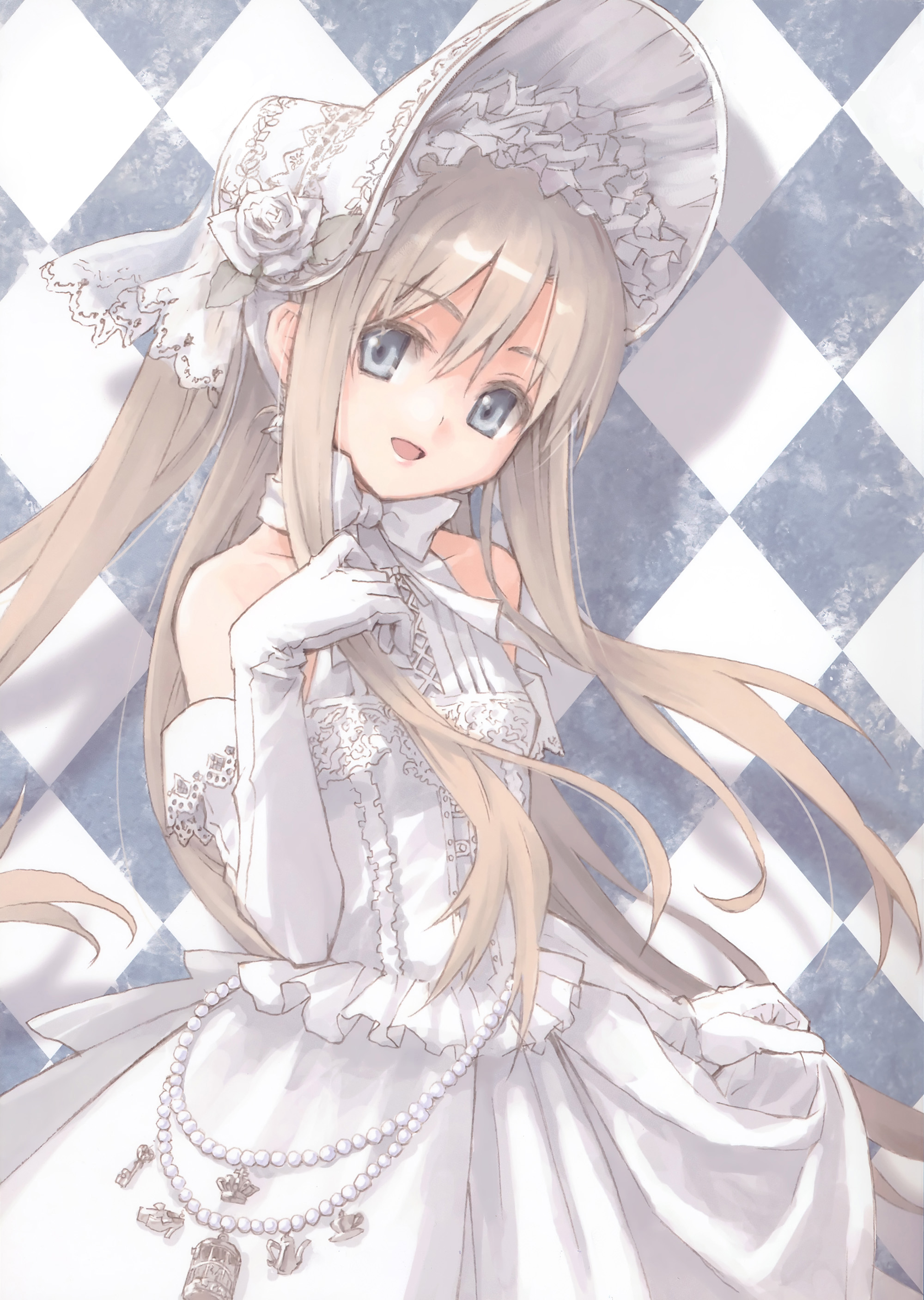 konoe ototsugu, absurdres, highres, 1girl, bare shoulders, blonde hair, blue eyes, bonnet, checkered background, cowboy shot, detached sleeves, dress, elbow gloves, female focus, flower, frills, gloves, head tilt, hime lolita, jewelry, lace, lolita fashion, looking at viewer, necklace, pearl necklace, rose, smile, solo, sweet lolita, white dress, white flower, white gloves, white rose