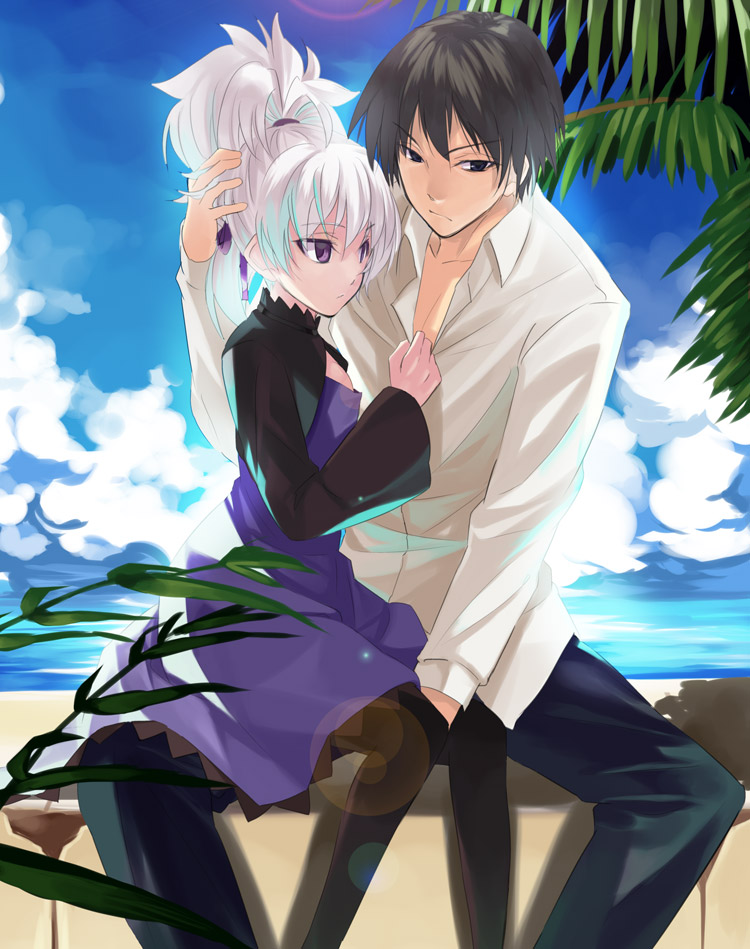 kabocha, kabocha (monkey4), hei (darker than black), yin (darker than black), darker than black, 00s, 1boy, 1girl, cloud, couple, day, dress, hetero, lens flare, pantyhose, purple dress, sitting, sitting on lap, sitting on person, sky, white hair