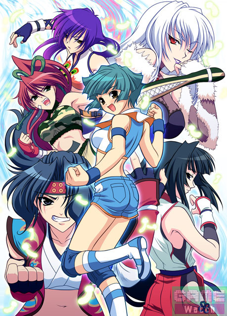 aiba kazuki, freia kagami, kondo makoto, kusanagi mikoto, panther risako, sanada miyuki, wrestle angels, wrestle angels survivor 2, fur, 6+girls, angry, aqua hair, black hair, blue hair, boots, camouflage, clenched hand, clenched hands, clenched teeth, female focus, fingerless gloves, gloves, hair over one eye, headband, knee pads, leg lift, lipstick, long hair, looking back, makeup, midriff, multiple girls, one eye closed, ponytail, purple hair, red eyes, red hair, sanada clan (emblem), short hair, shorts, smile, strapless, teeth, tube top, watermark, white hair, wink