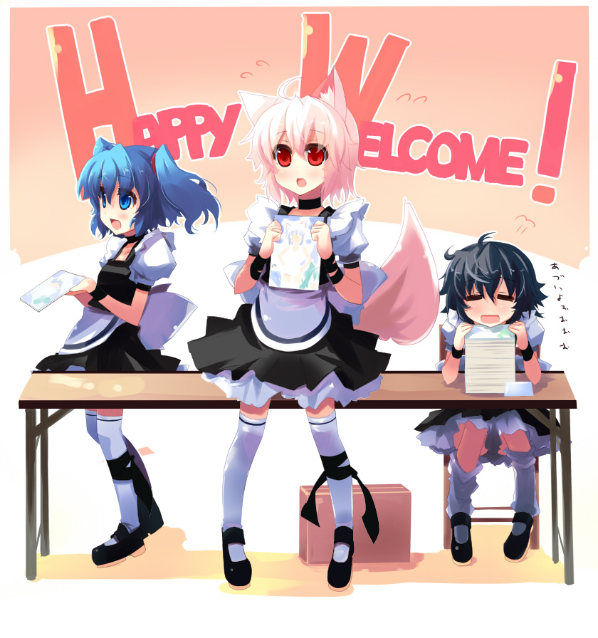 shin (new), inubashiri momiji, kawashiro nitori, shameimaru aya, touhou, 3girls, alternate costume, animal ears, dress, enmaided, female focus, maid, mary janes, multiple girls, red eyes, shoes, short hair, tail, thighhighs, two side up, white thighhighs