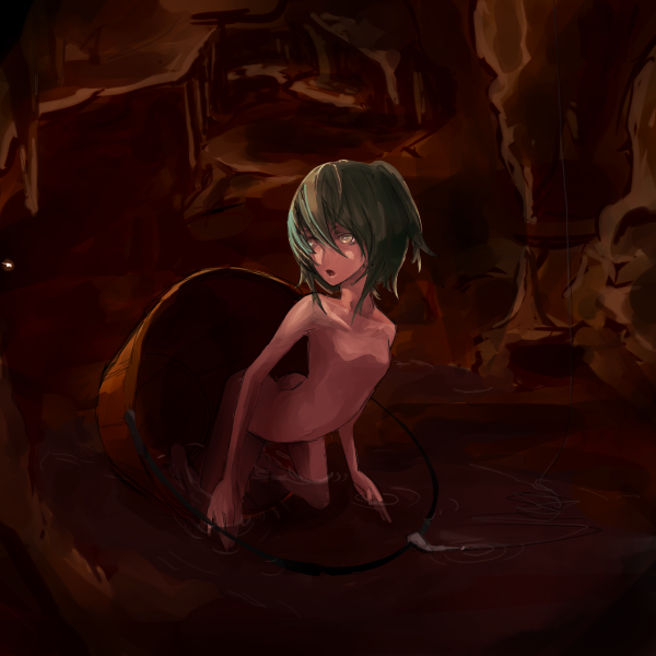 kusakanmuri, kisume, touhou, bad id, bad pixiv id, 1girl, bucket, dark, female focus, flat chest, green hair, in bucket, in container, nude, solo, water, white eyes