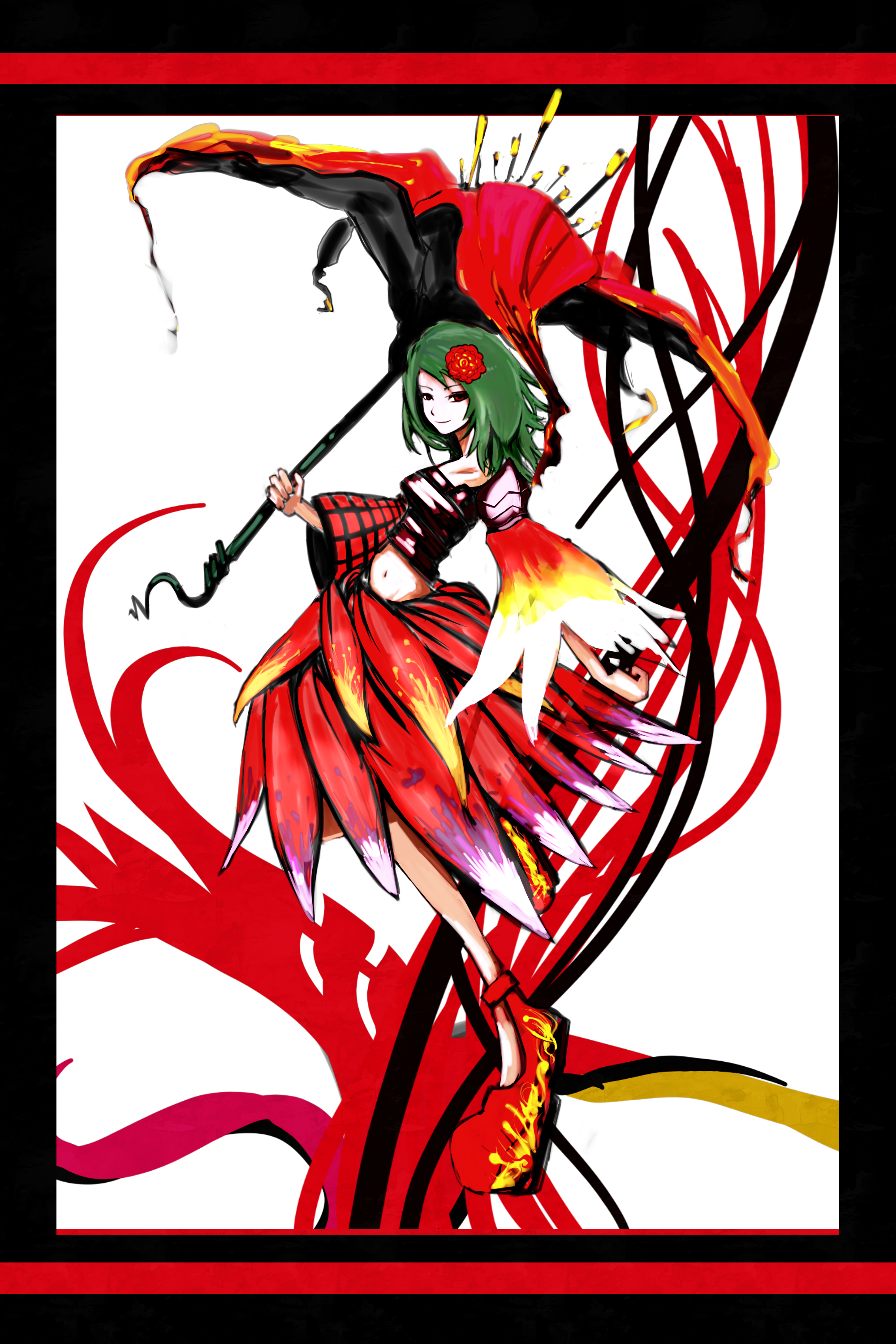 kusakanmuri, kazami yuuka, touhou, absurdres, bad id, bad pixiv id, highres, 1girl, alternate costume, female focus, flower, green hair, hair flower, hair ornament, short hair, smile, solo, umbrella