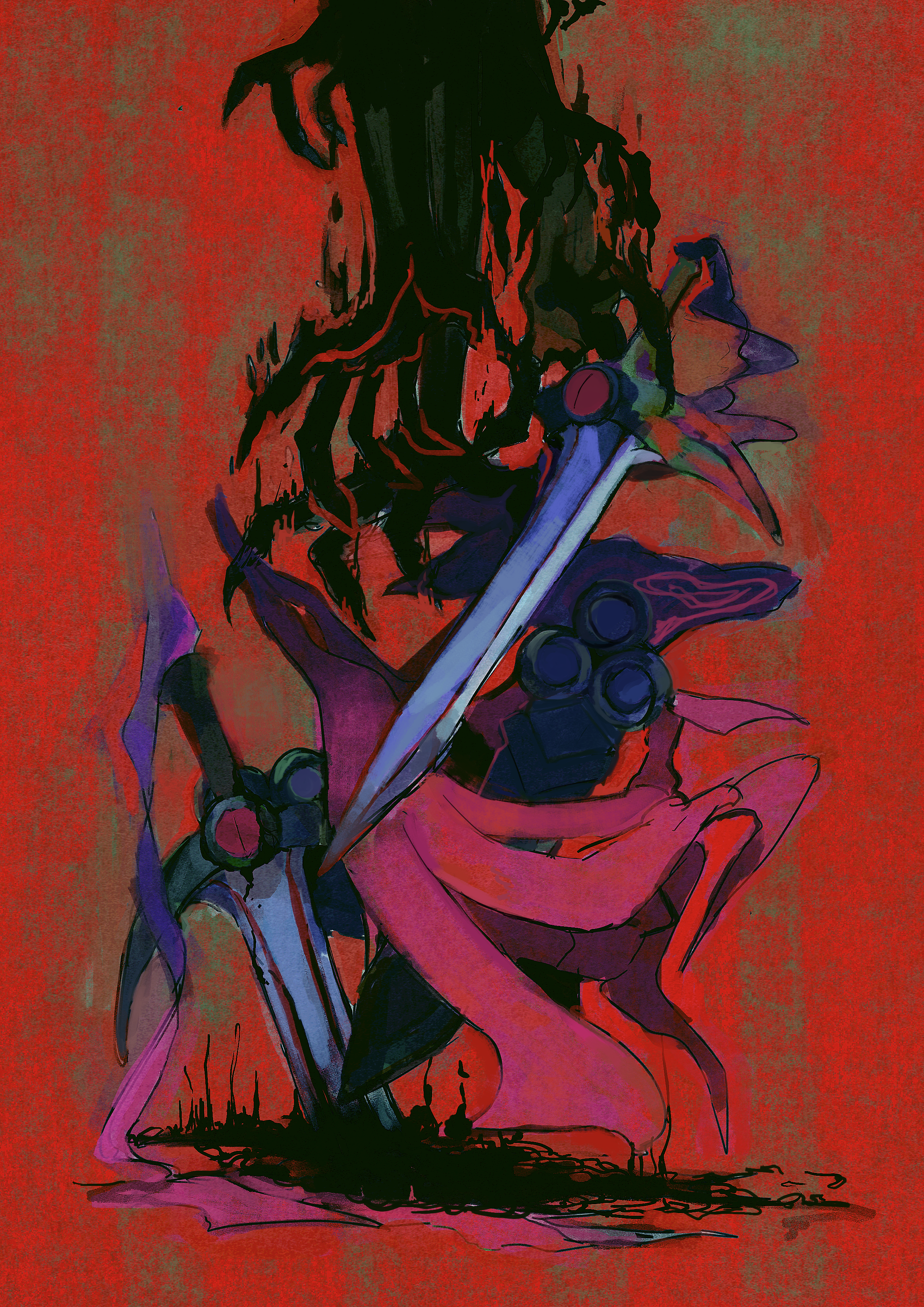 doublade, nintendo, pokemon, absurdres, commentary request, highres, animate object, aura, dark aura, fccmpsjkz, gen 6 pokemon, horror (theme), no humans, one-eyed, pokemon (creature), pokemon focus, red background, sheath, slit pupils, sword, weapon