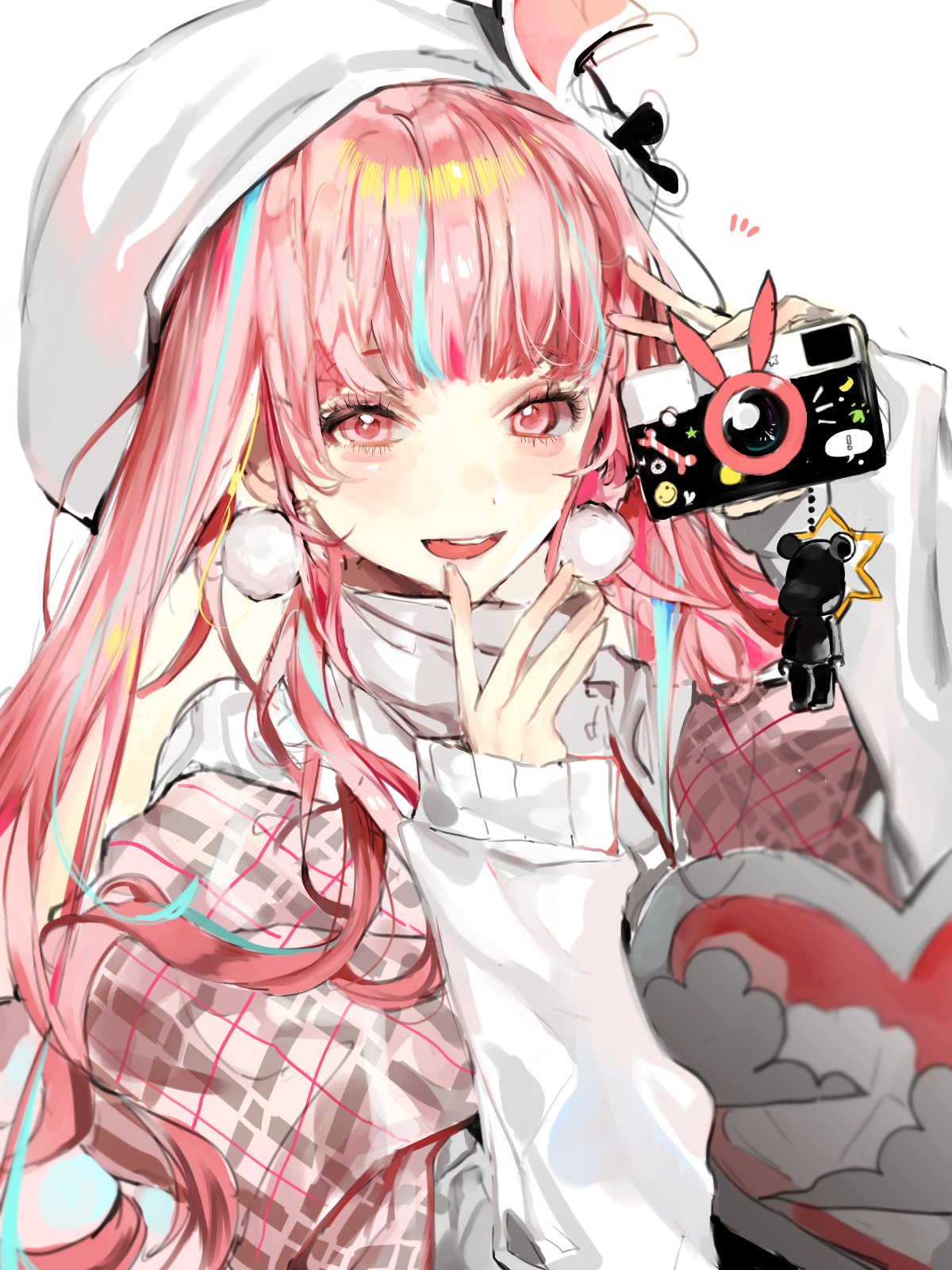 kkuekkue (chifer1958), character request, commentary request, copyright request, highres, korean commentary, 1girl, :d, animal ears, animal hat, bag, beret, black bow, blue hair, blunt bangs, blush, bow, camera, charm (object), earrings, eyelashes, fake animal ears, hair bow, hands up, hat, heart, heart-shaped bag, holding, holding camera, jewelry, long hair, long sleeves, looking at viewer, multicolored hair, nail polish, open mouth, pink eyes, pink hair, pink scarf, plaid clothes, plaid scarf, pom pom (clothes), pom pom earrings, rabbit ears, rabbit hat, scarf, simple background, sleeves past wrists, smile, solo, streaked hair, sweater, taking picture, teeth, turtleneck, turtleneck sweater, two-tone hair, upper body, upper teeth only, v, white background, white hat, white sweater
