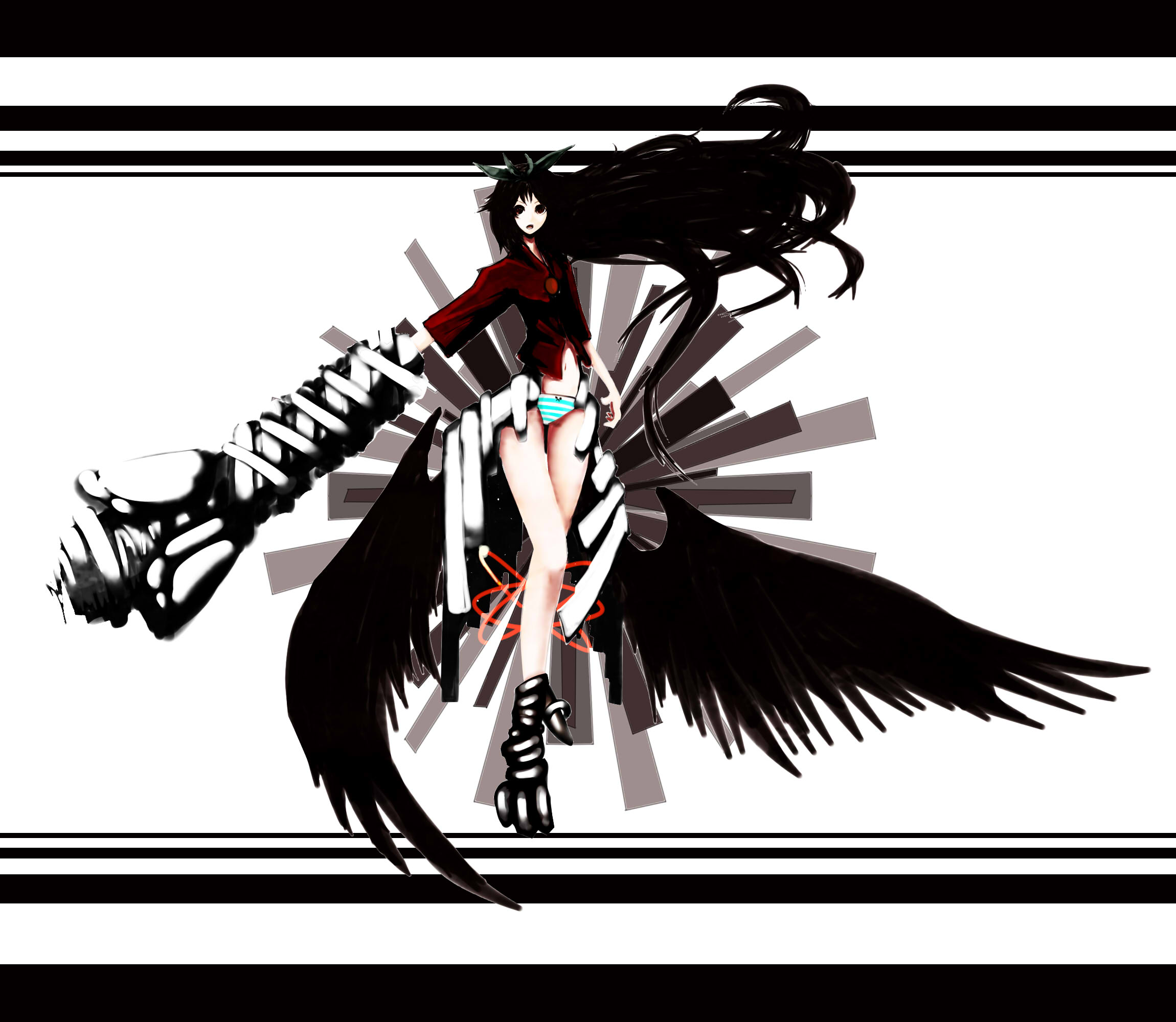 kusakanmuri, reiuji utsuho, touhou, bad id, bad pixiv id, highres, 1girl, alternate costume, black hair, female focus, letterboxed, panties, solo, underwear, white background, wings