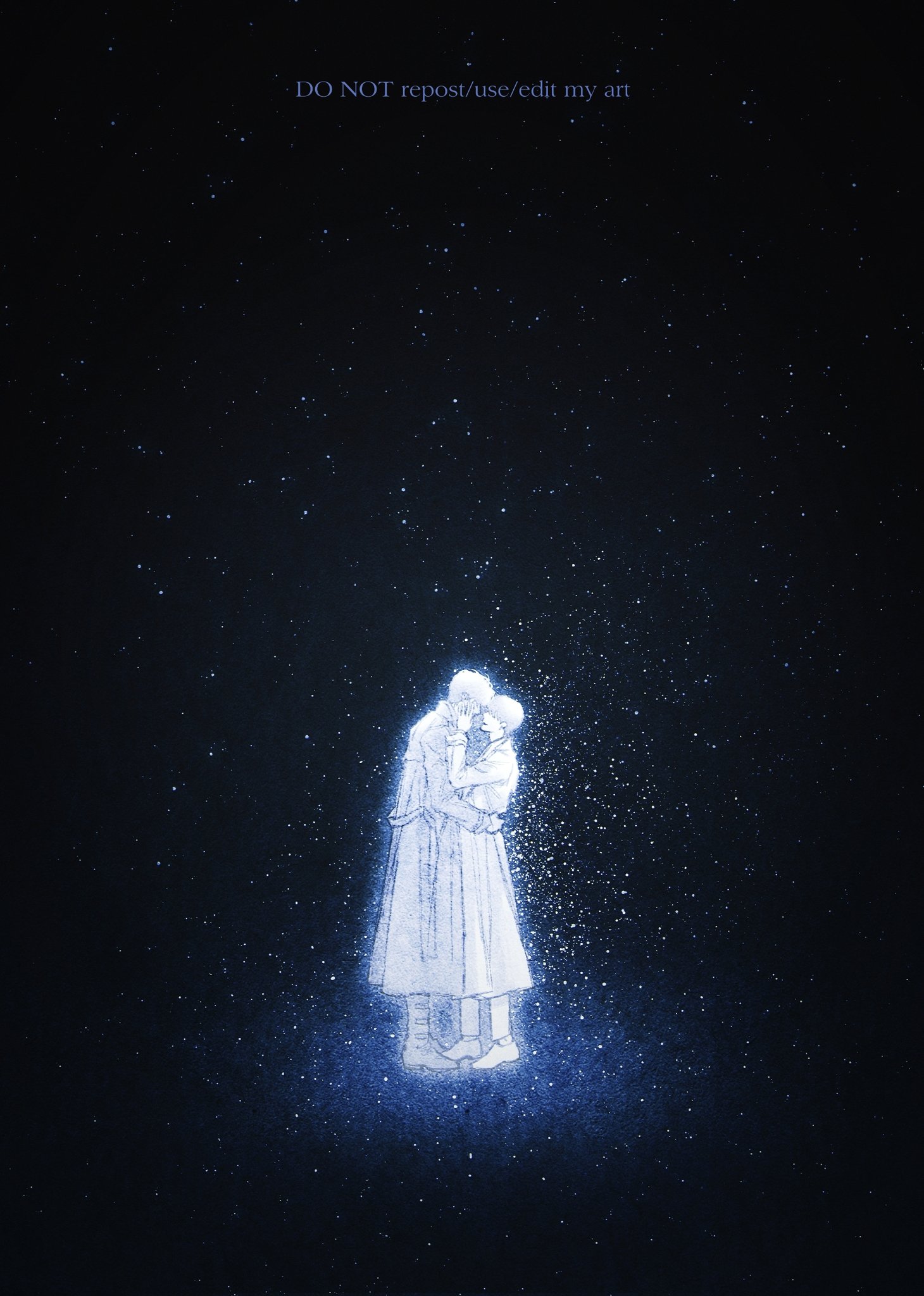 bellta (kimbellta), kim dokja, yoo joonghyuk, omniscient reader's viewpoint, commentary request, highres, korean commentary, 2boys, coat, dim lighting, full body, glowing, hand on another's face, hand on another's waist, male focus, multiple boys, open clothes, open coat, short hair, sky, space, standing, star (sky), starry sky