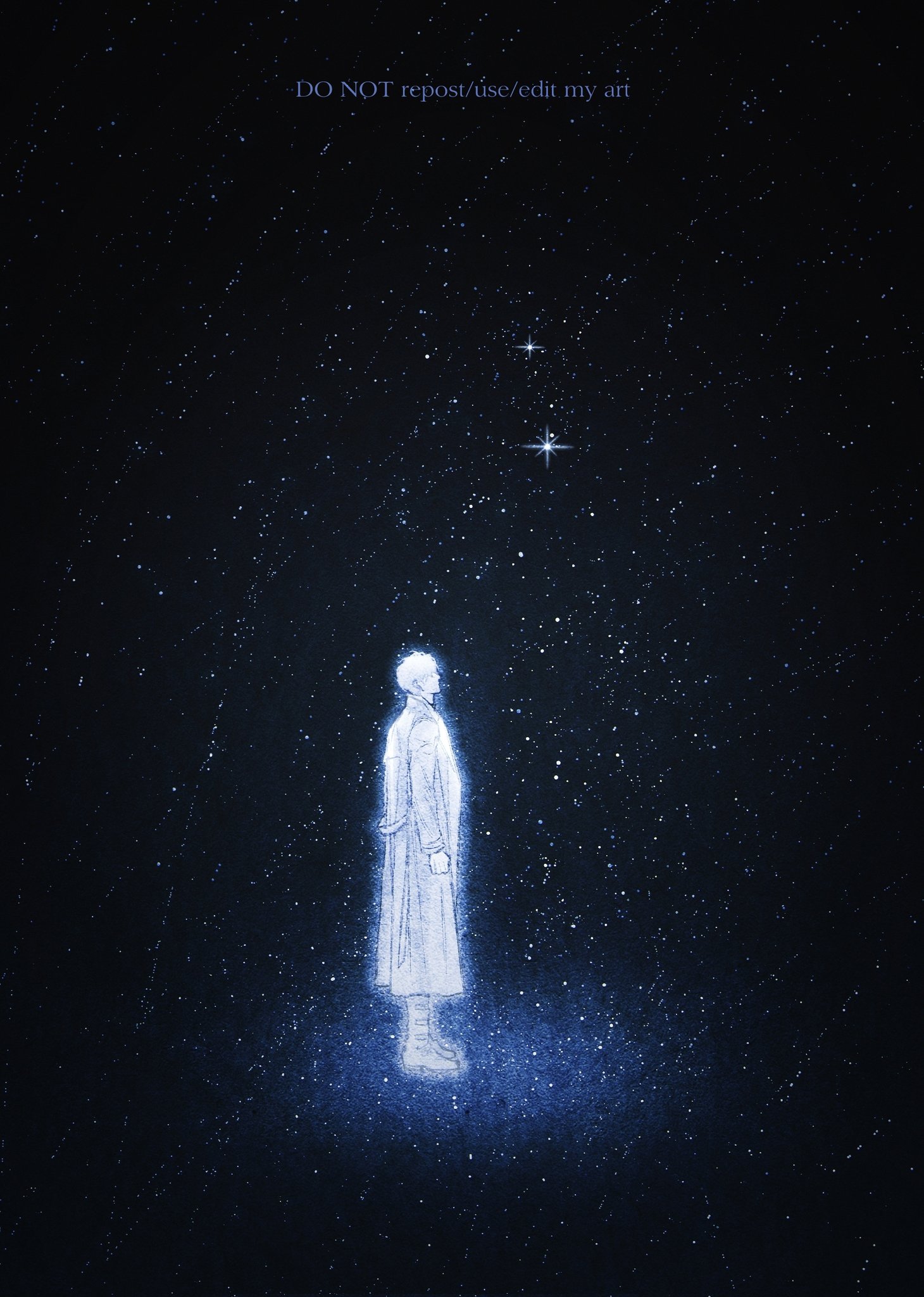 bellta (kimbellta), yoo joonghyuk, omniscient reader's viewpoint, commentary request, highres, korean commentary, 1boy, coat, full body, male focus, meteor shower, open clothes, open coat, short hair, sky, solo, space, standing, star (sky), star (symbol), starry sky
