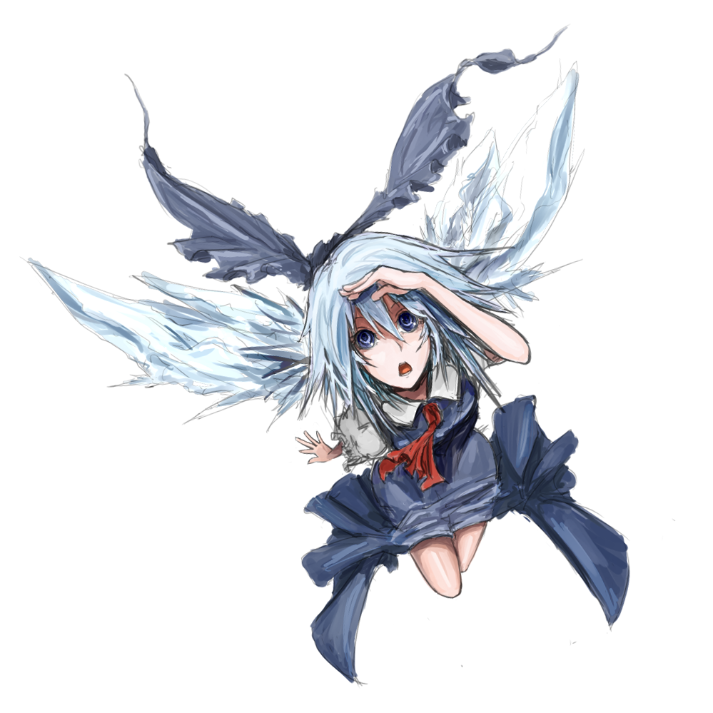 kusakanmuri, cirno, touhou, bad id, bad pixiv id, metadata reference, tagme, blue hair, ribbon, simple background, solo