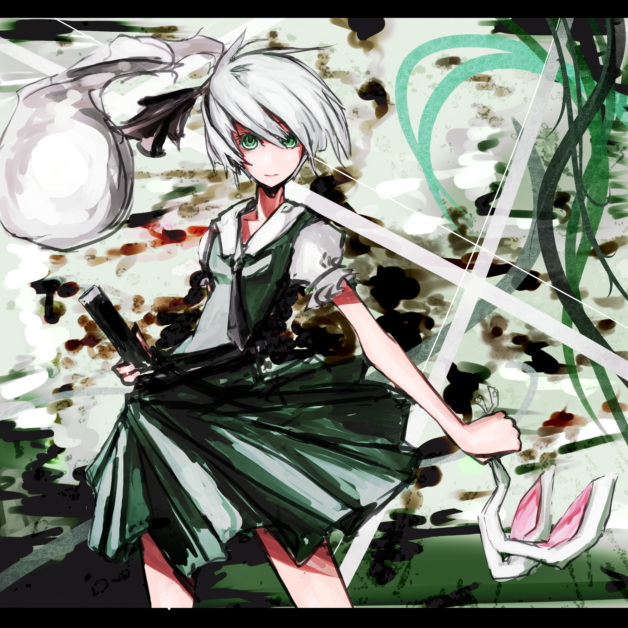kusakanmuri, konpaku youmu, konpaku youmu (ghost), touhou, silver hair, bad id, bad pixiv id, highres, 1girl, animal ears, female focus, green eyes, hitodama, letterboxed, rabbit ears, short hair, solo