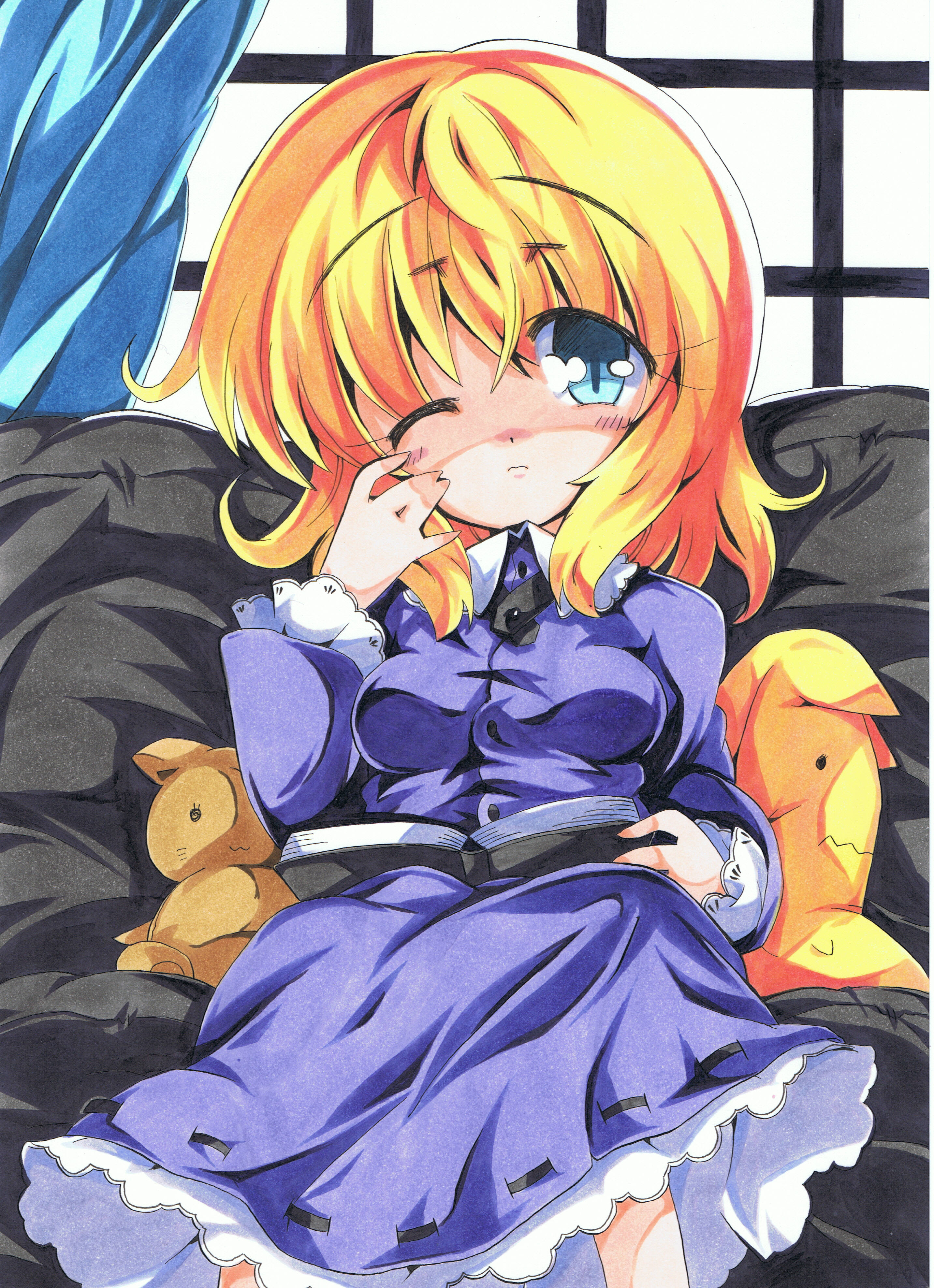 milkpanda, maribel hearn, ghostly field club, touhou, absurdres, highres, marker (medium), traditional media, 1girl, breasts, dress, female focus, indoors, lying, ribbon-trimmed dress, ribbon trim, solo