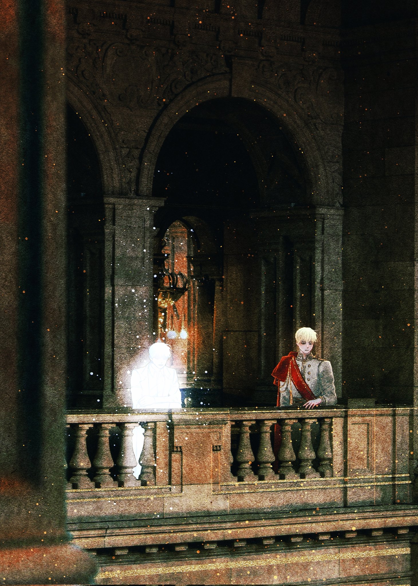 bellta (kimbellta), kim dokja, omniscient reader's viewpoint, highres, 2boys, arch, blonde hair, dual persona, elbow rest, epaulettes, full body, glowing, grey tunic, hallway, leaning forward, multiple boys, official alternate costume, railing, red sash, ricardo von kaizenix, sash, short hair, tunic, wall lamp