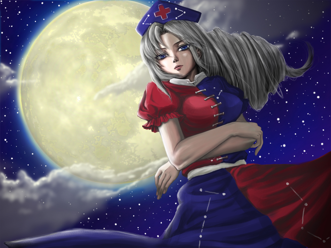 yuu (hi lite), yagokoro eirin, touhou, silver hair, 1girl, blue eyes, cloud, crossed arms, drill hair, female focus, full moon, hat, moon, night, outdoors, sky, solo, standing, star (sky), starry sky